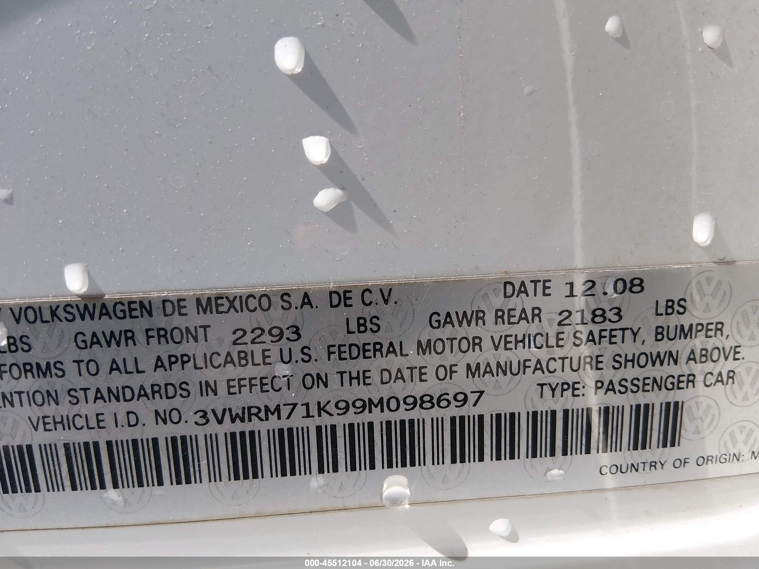 2009 Volkswagen Jetta Se White vin: 3VWRM71K99M098697
