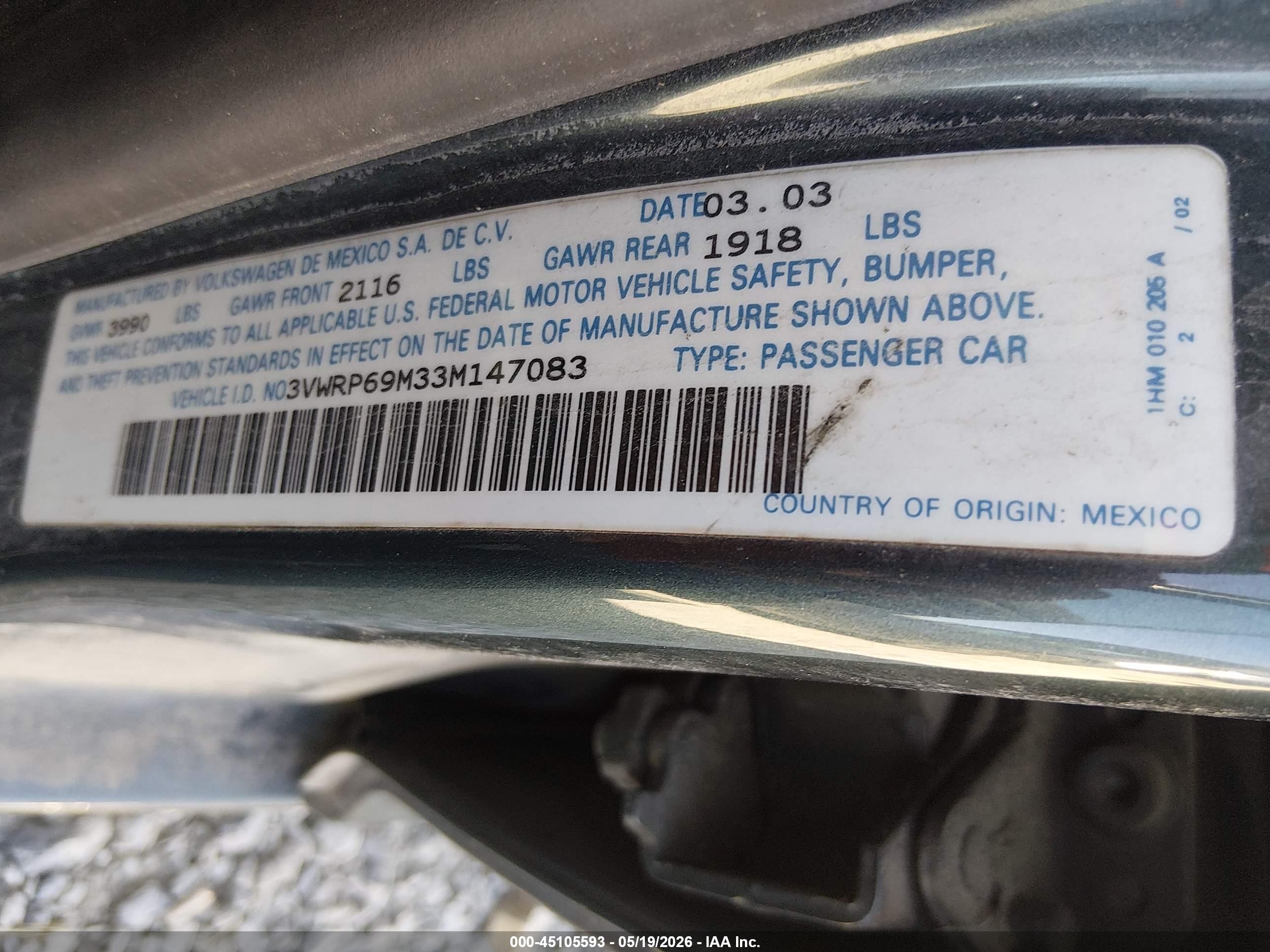 2003 Volkswagen Jetta Gl Tdi Gray vin: 3VWRP69M33M147083