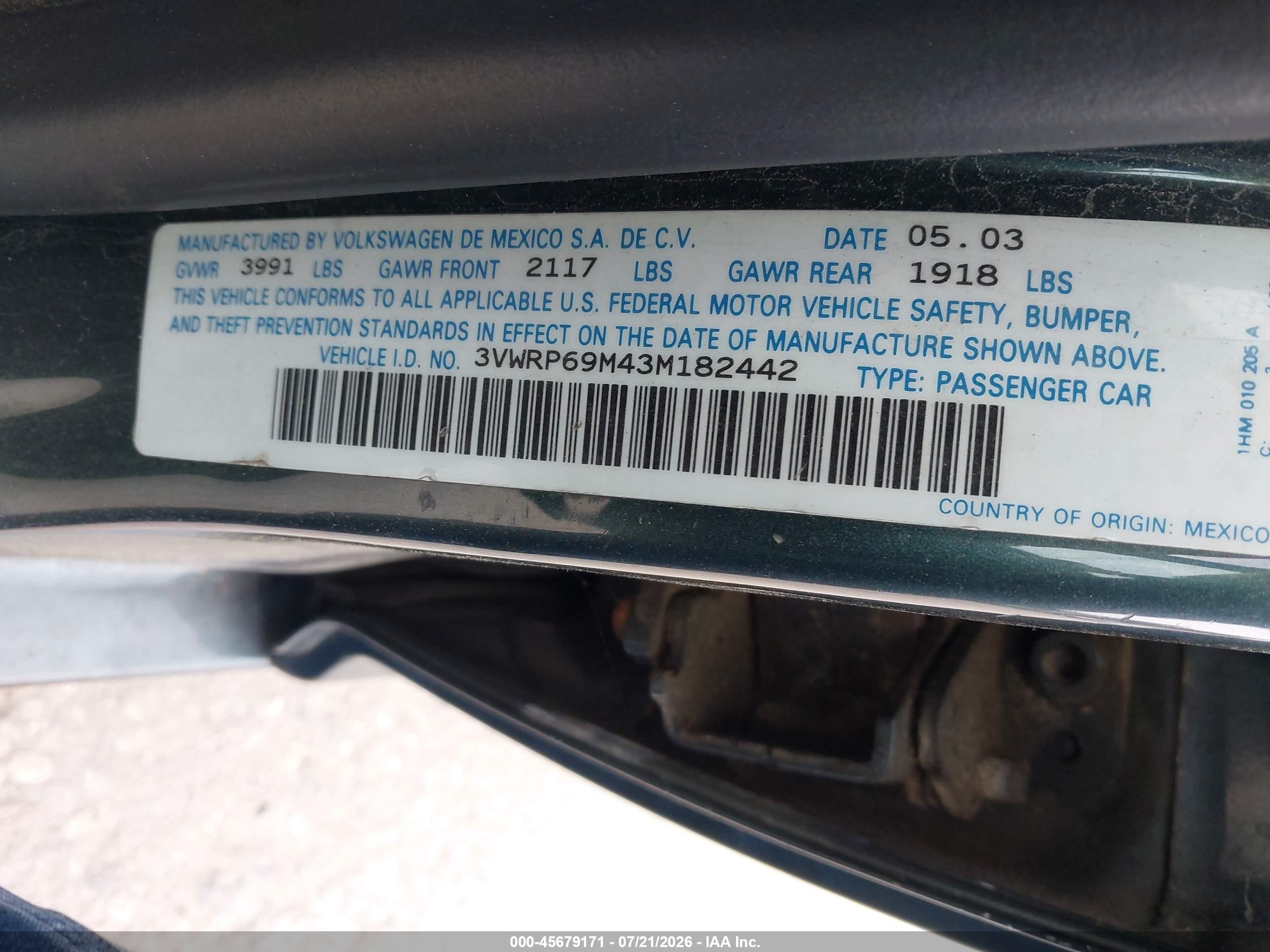 2003 Volkswagen Jetta Gl Tdi Green vin: 3VWRP69M43M182442