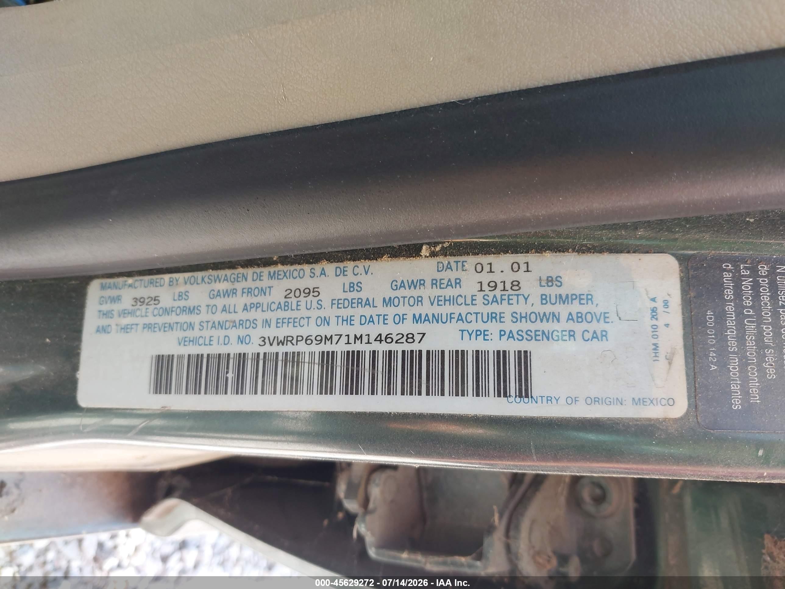2001 Volkswagen Jetta Gl Tdi Green vin: 3VWRP69M71M146287