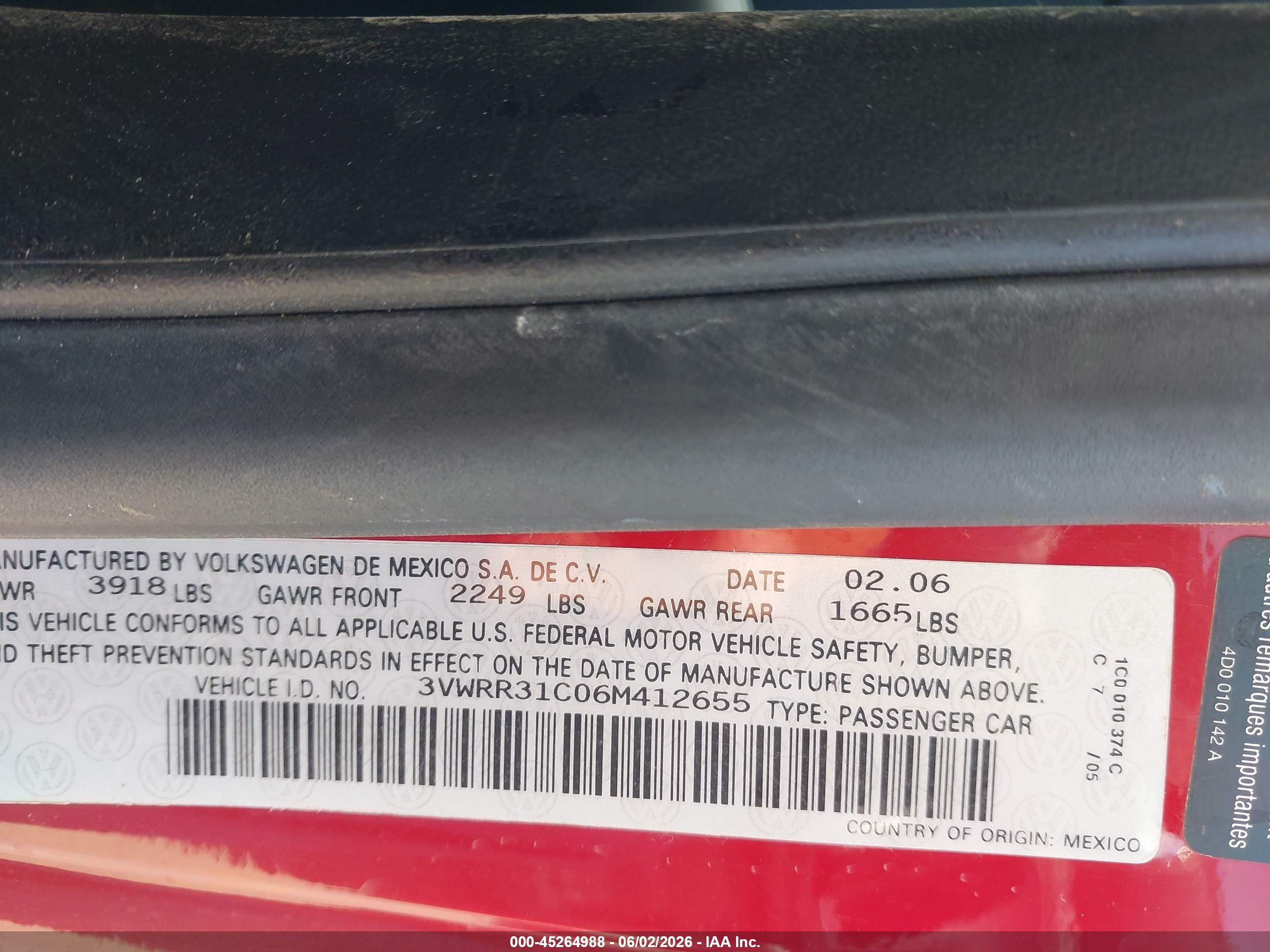 2006 Volkswagen New Beetle Tdi Red vin: 3VWRR31C06M412655