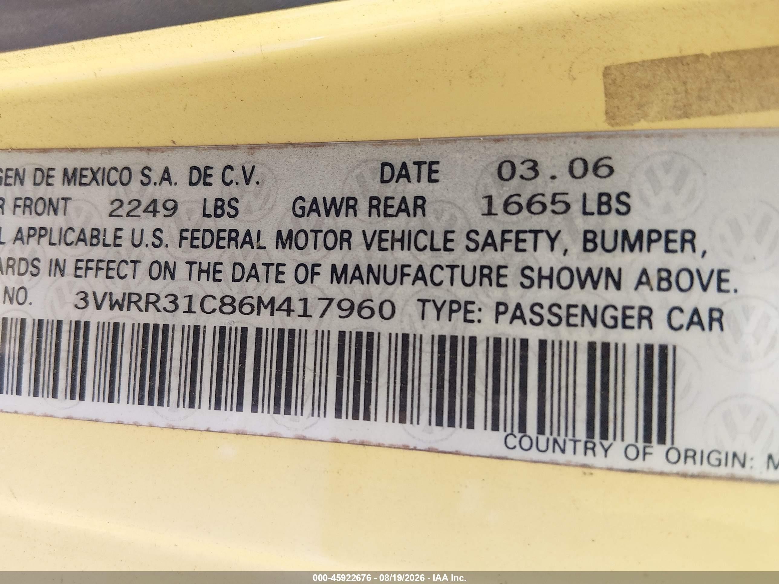 2006 Volkswagen New Beetle Tdi Yellow vin: 3VWRR31C86M417960