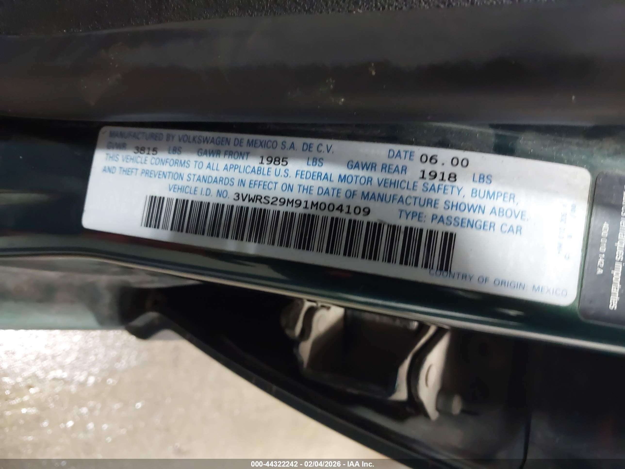 2001 Volkswagen Jetta Gl Green vin: 3VWRS29M91M004109