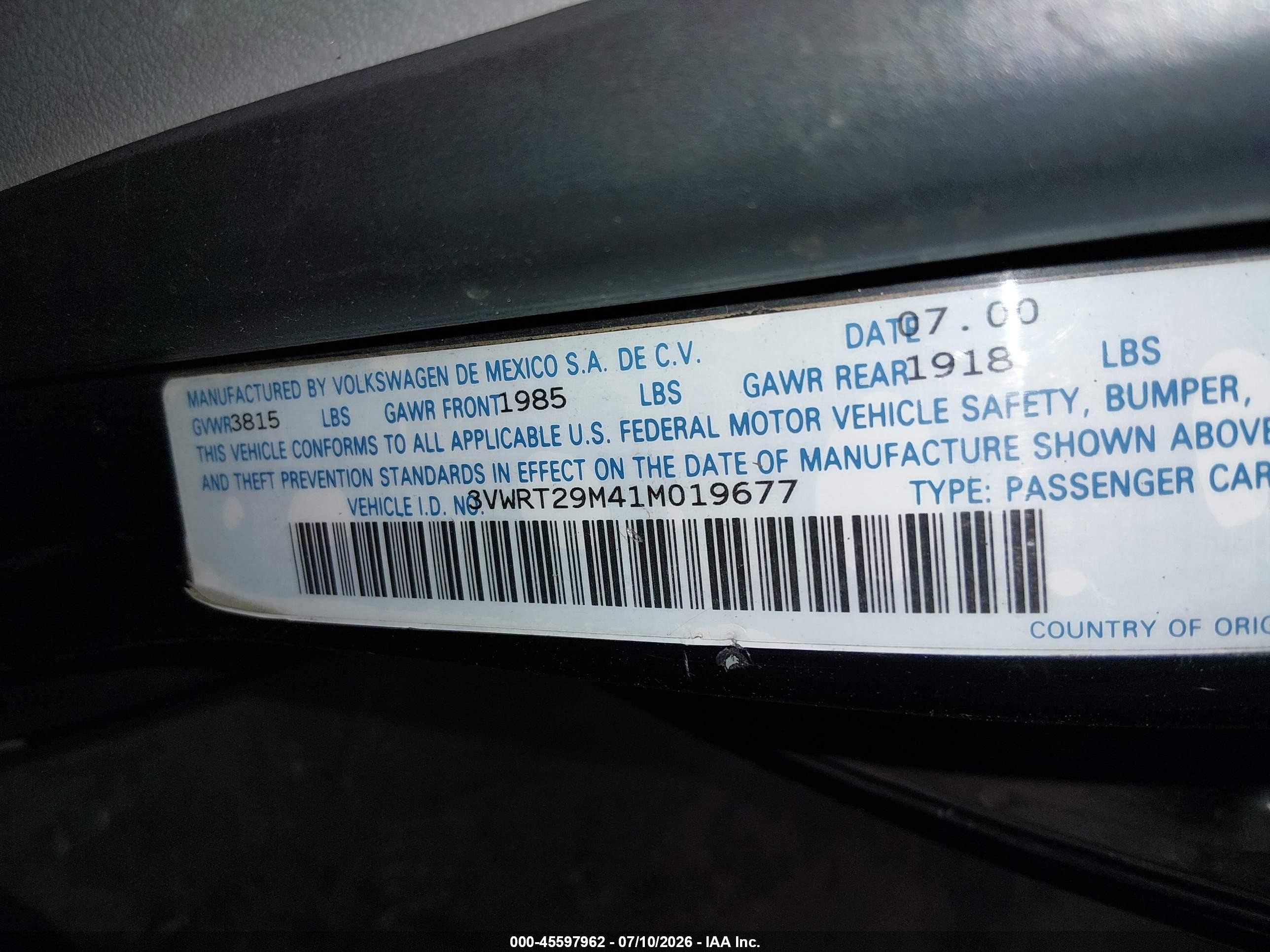 2001 Volkswagen Jetta Gl Черный vin: 3VWRT29M41M019677
