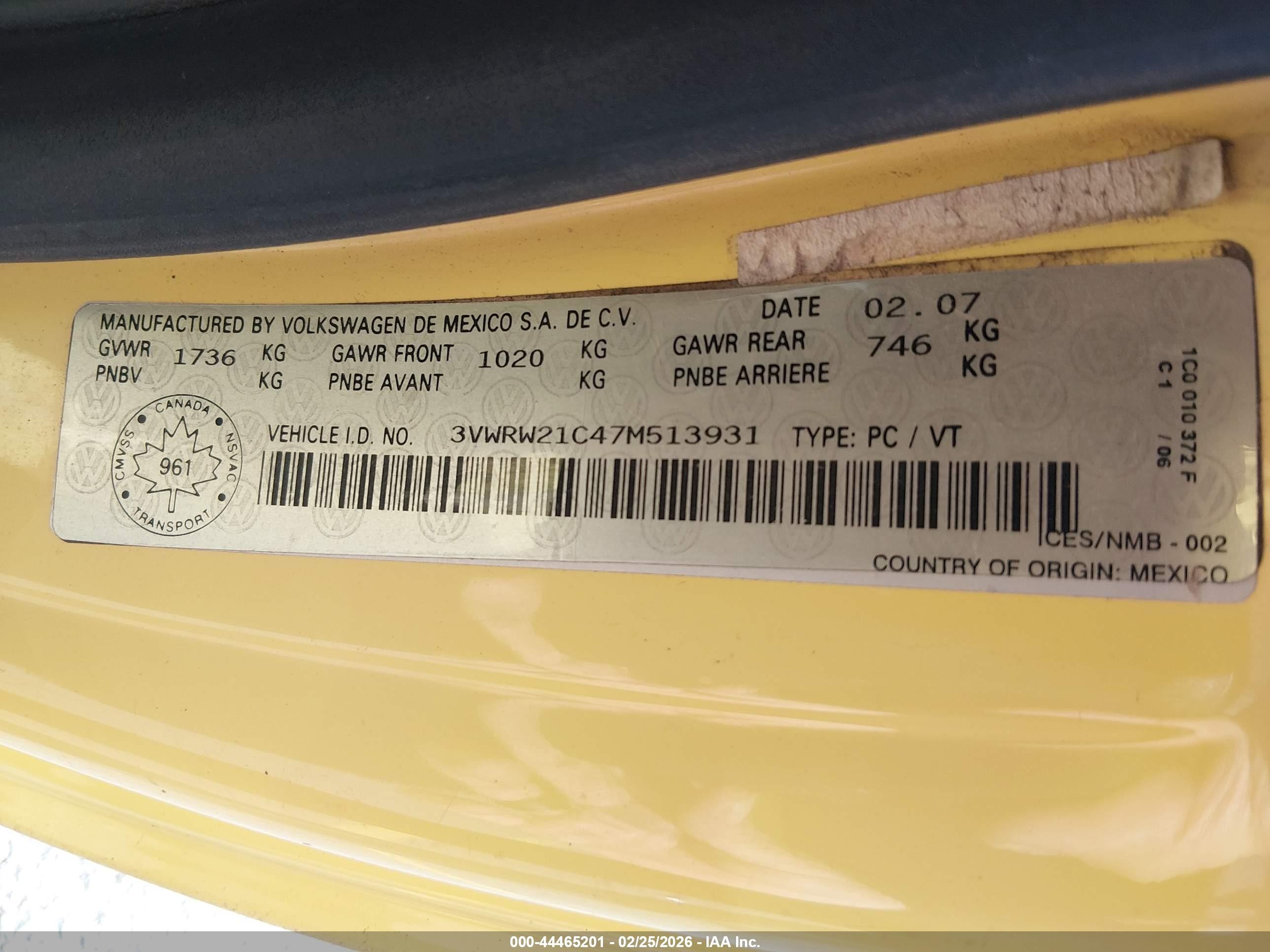 2007 Volkswagen New Beetle 2.5l Yellow vin: 3VWRW21C47M513931