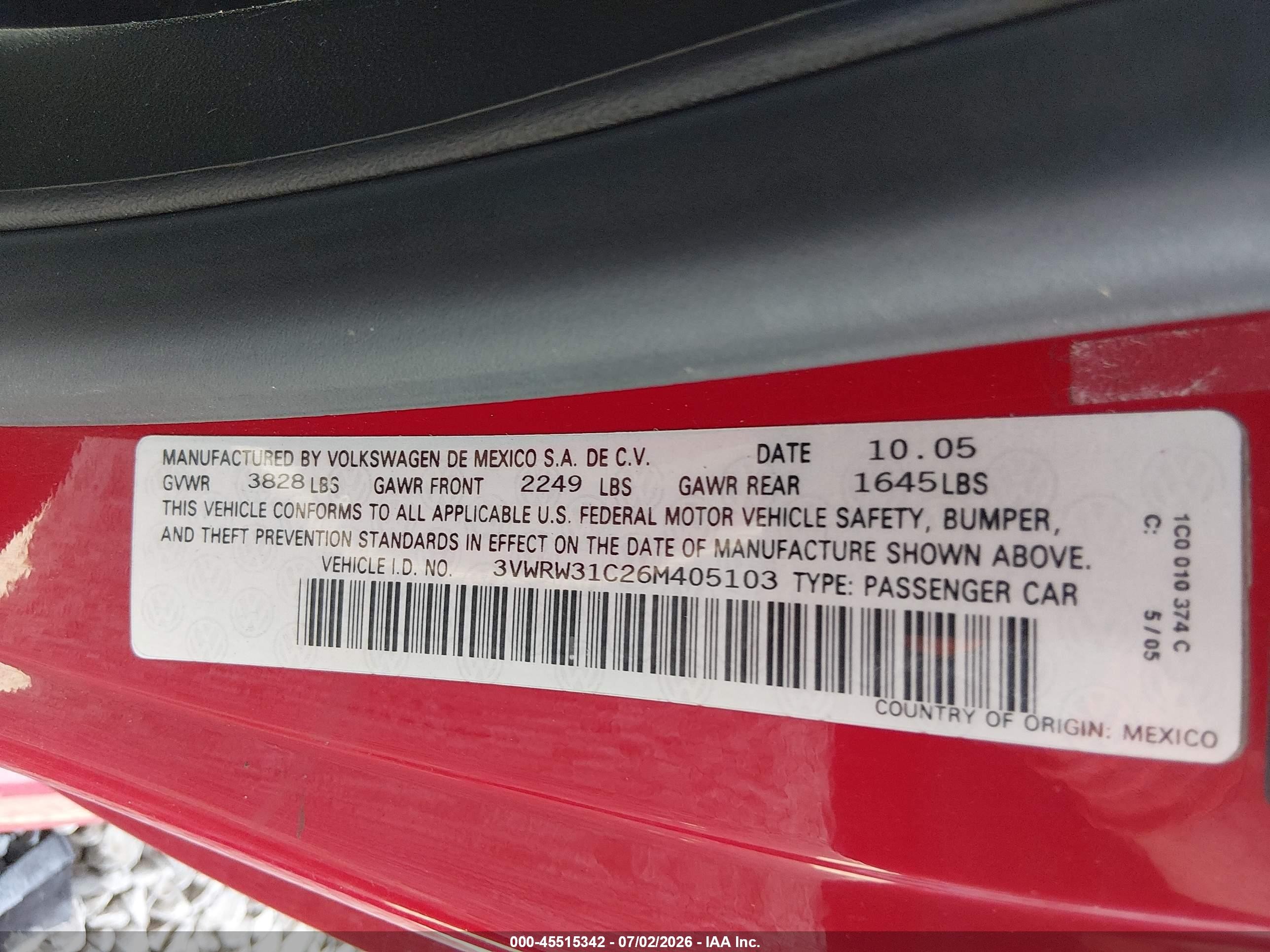 2006 Volkswagen New Beetle 2.5 Красный vin: 3VWRW31C26M405103