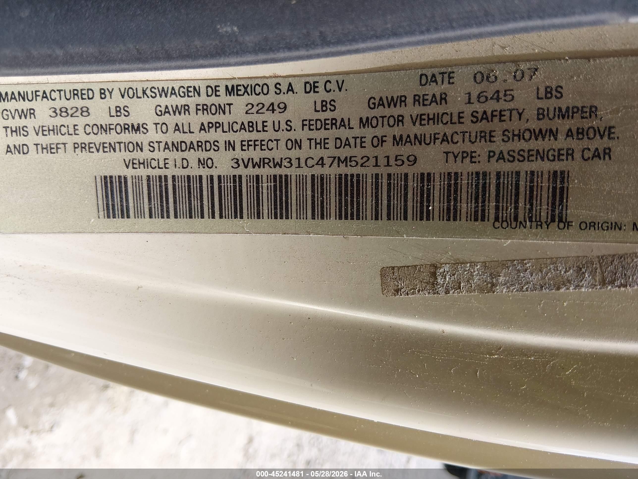 2007 Volkswagen New Beetle 2.5 Cream vin: 3VWRW31C47M521159