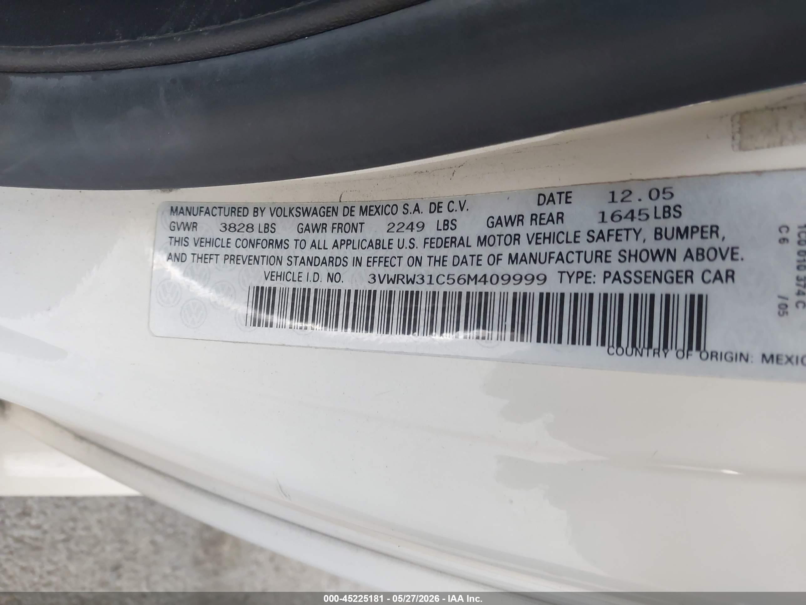 2006 Volkswagen New Beetle 2.5/2.5 (a6) Beige vin: 3VWRW31C56M409999