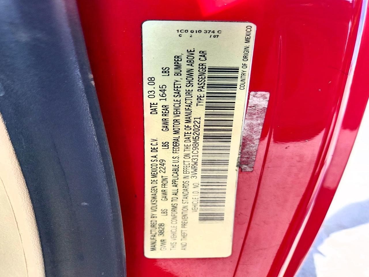 2008 Volkswagen New Beetle S Red vin: 3VWRW31C98M520221