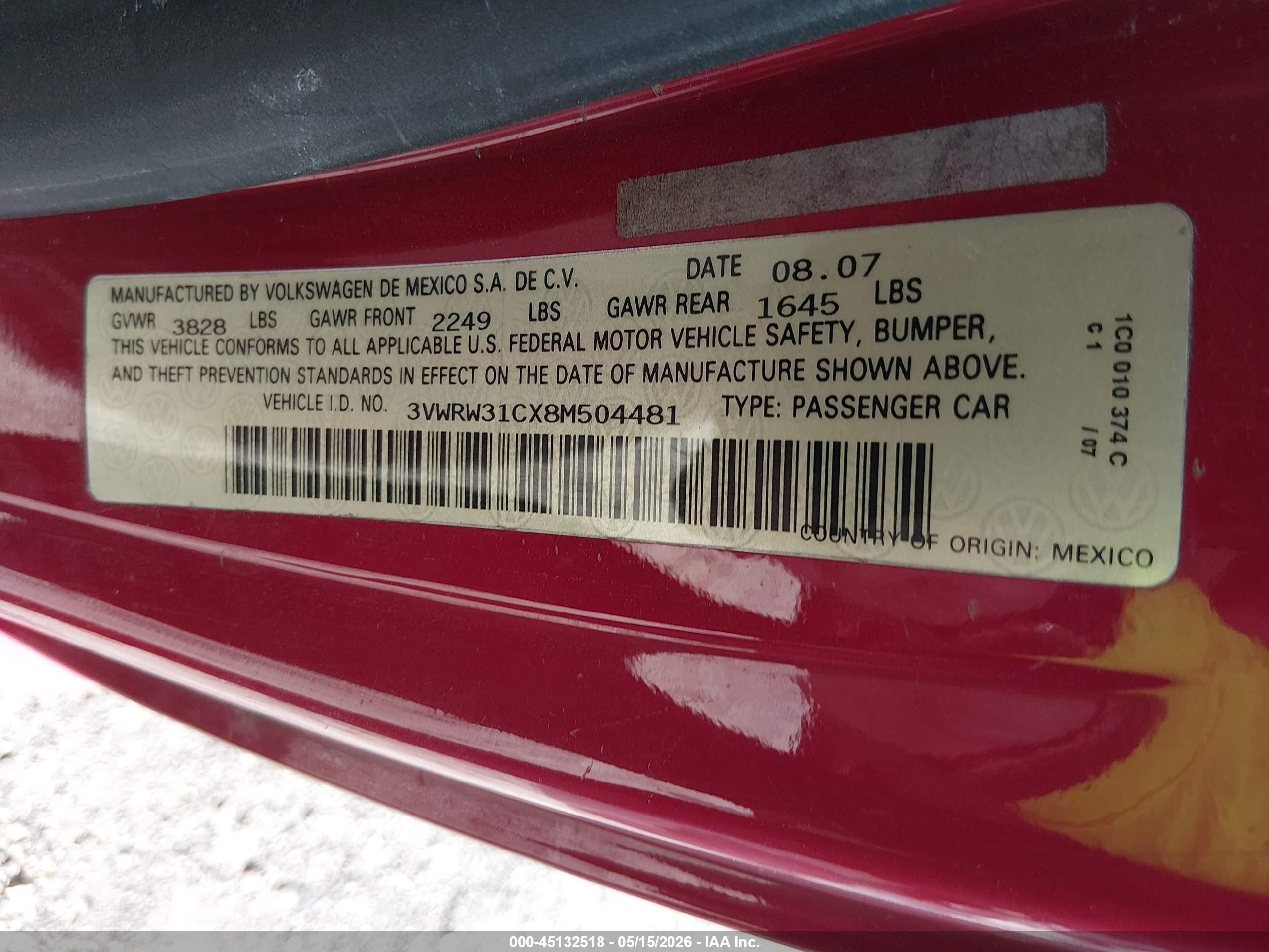 2008 Volkswagen New Beetle S/se Red vin: 3VWRW31CX8M504481