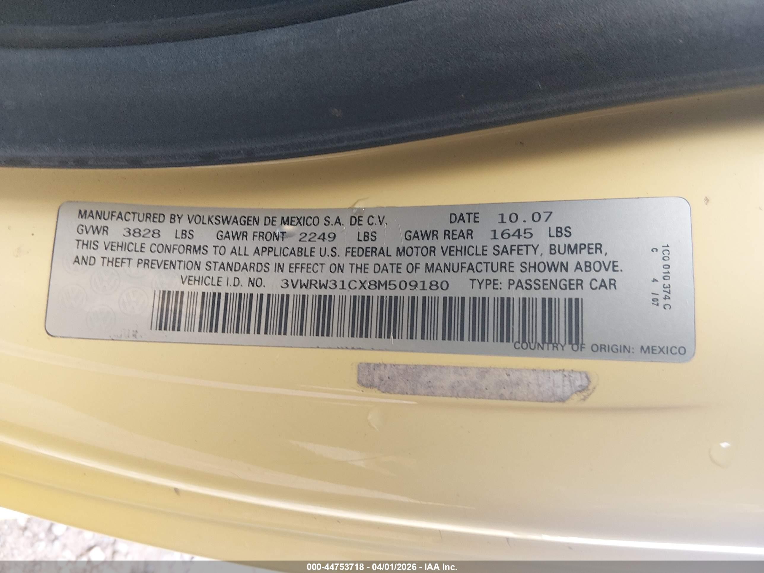 2008 Volkswagen New Beetle S/se Yellow vin: 3VWRW31CX8M509180