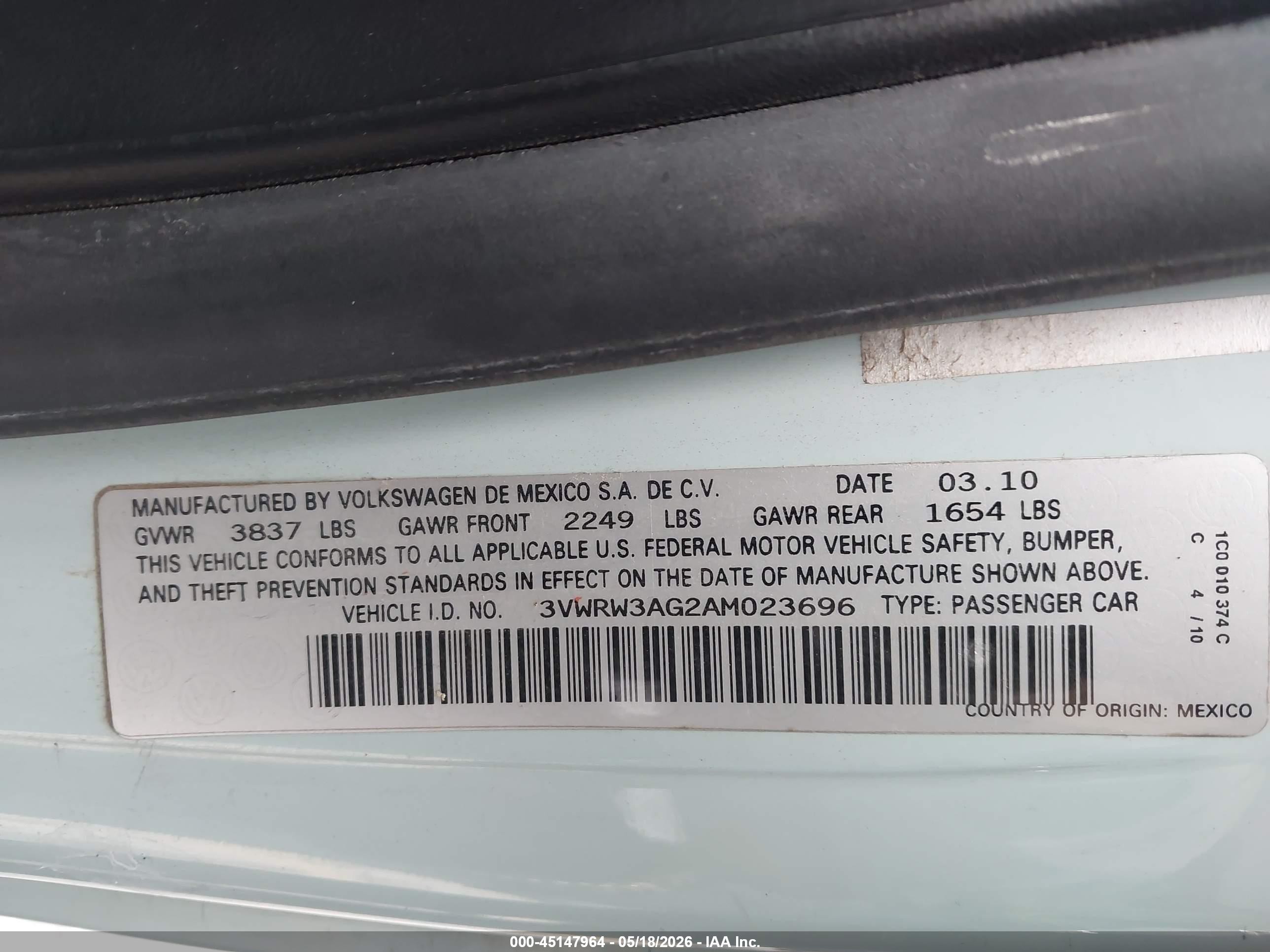 2010 Volkswagen New Beetle 2.5l Final Edition Light Blue vin: 3VWRW3AG2AM023696