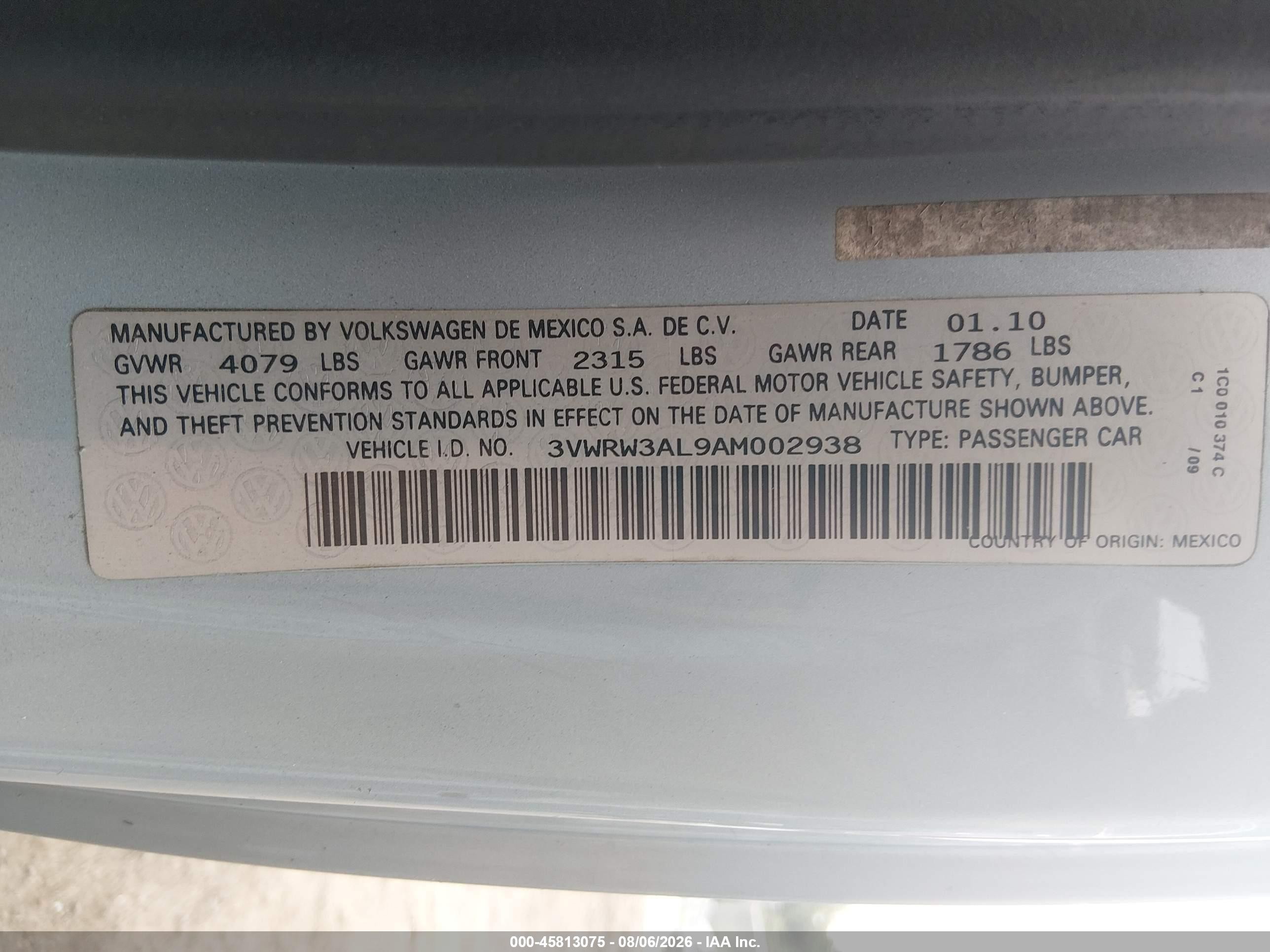 2010 Volkswagen New Beetle 2.5l Light Blue vin: 3VWRW3AL9AM002938