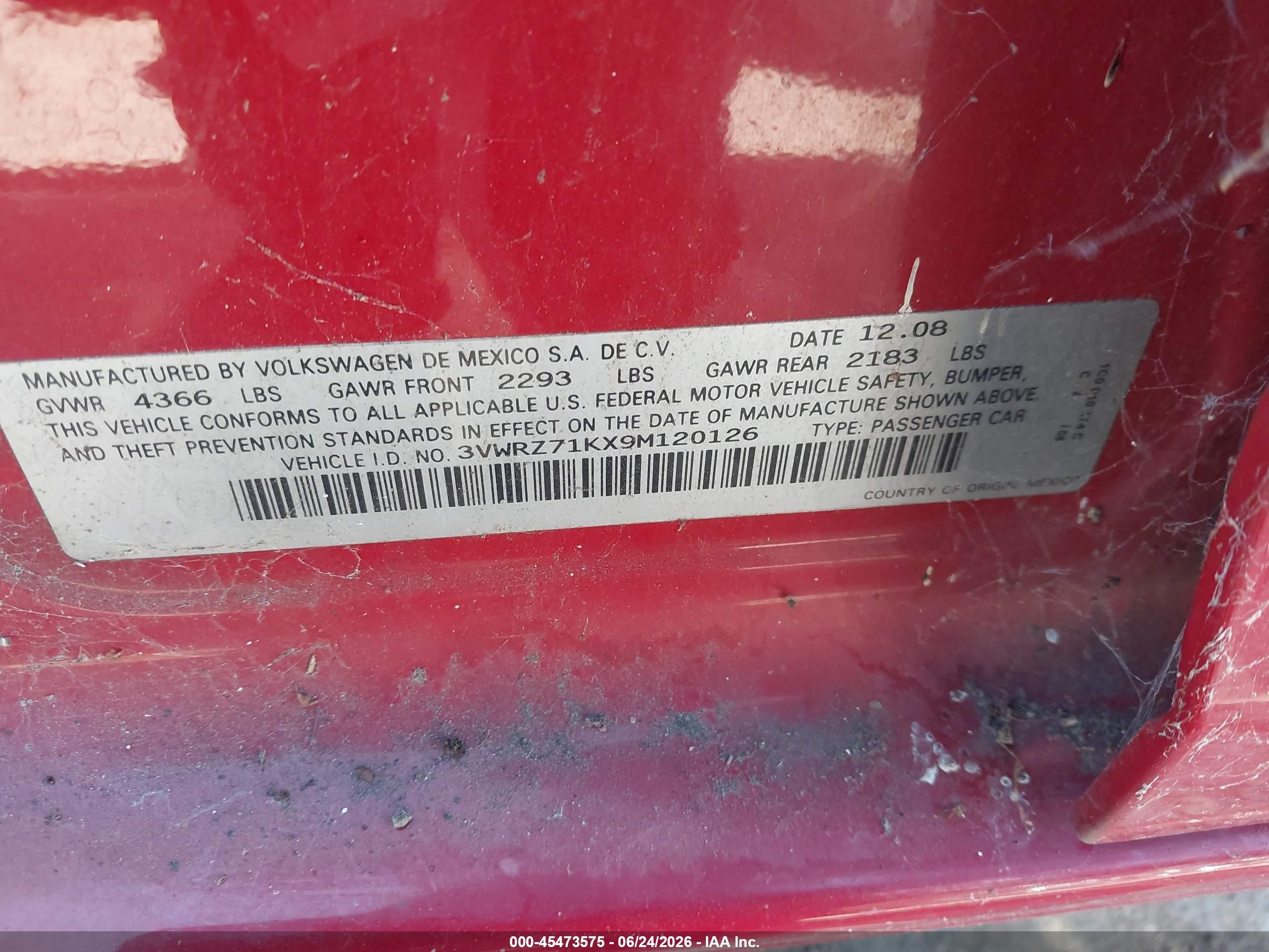 2009 Volkswagen Jetta Se Red vin: 3VWRZ71KX9M120126