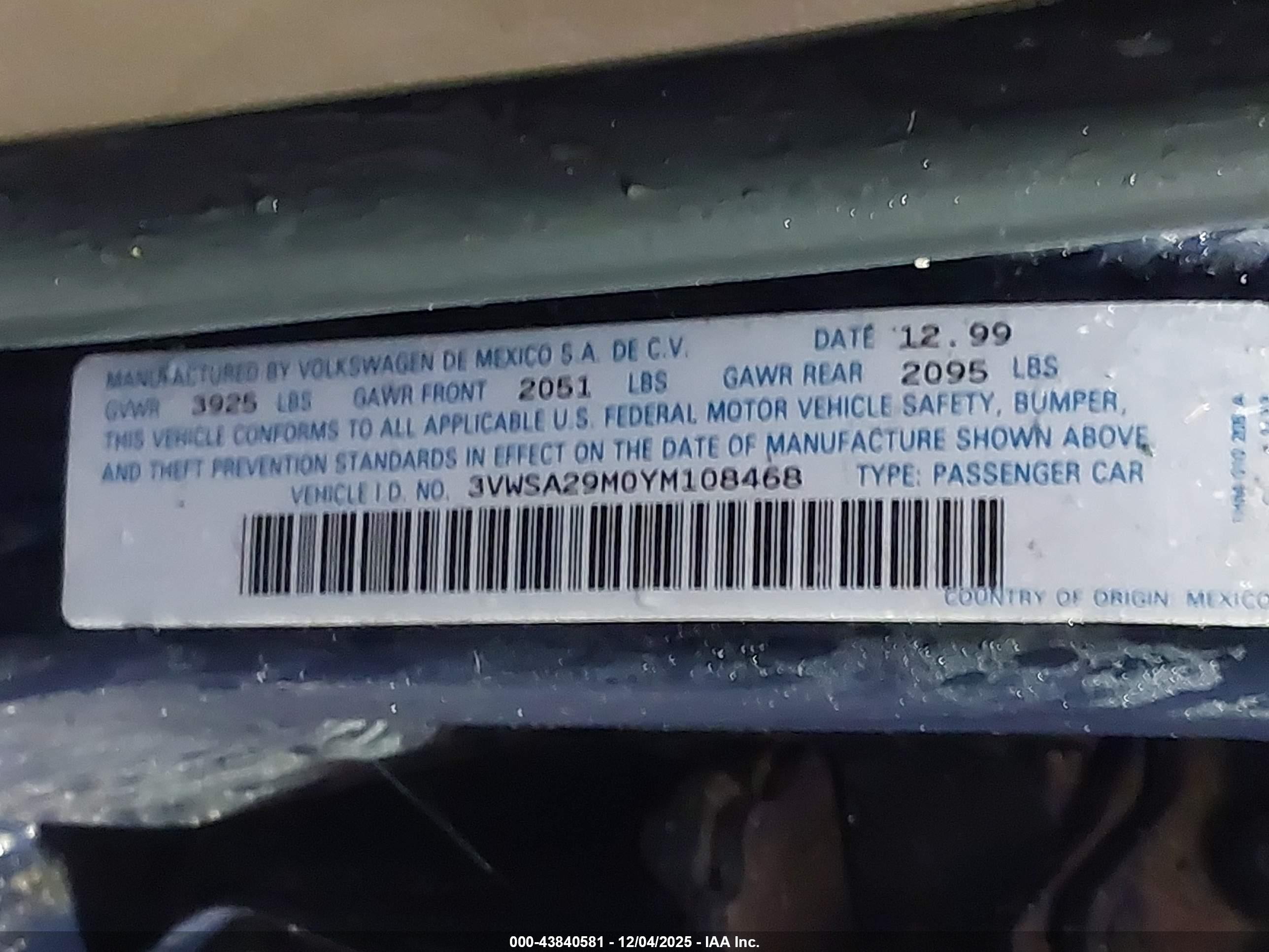 2000 Volkswagen Jetta Gls Blue vin: 3VWSA29M0YM108468