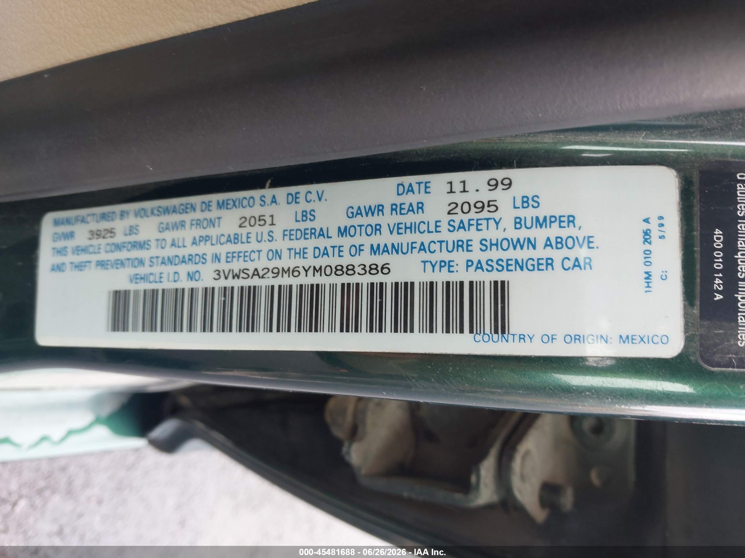 2000 Volkswagen Jetta Gls Зеленый vin: 3VWSA29M6YM088386