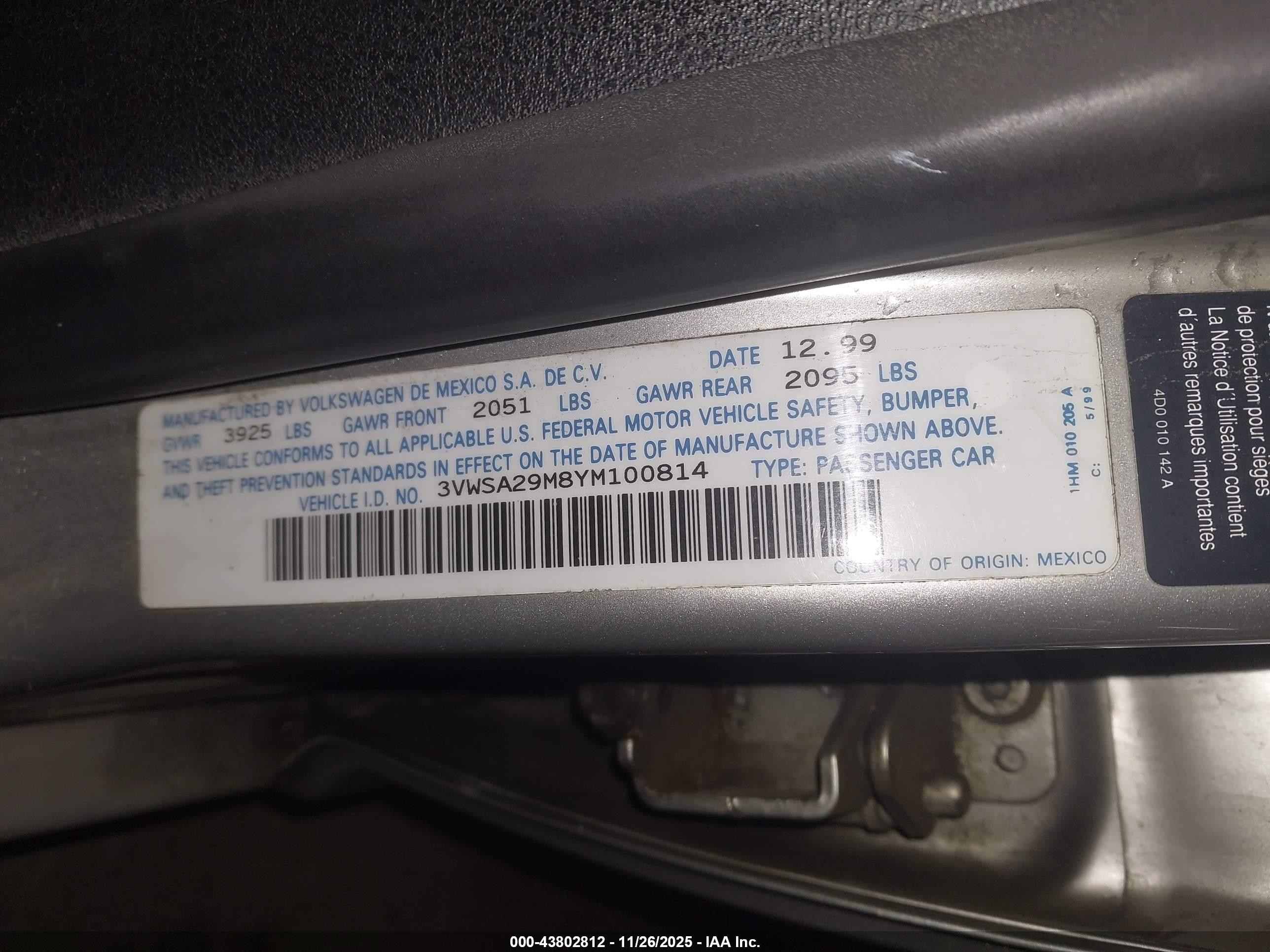 2000 Volkswagen Jetta Gls Silver vin: 3VWSA29M8YM100814