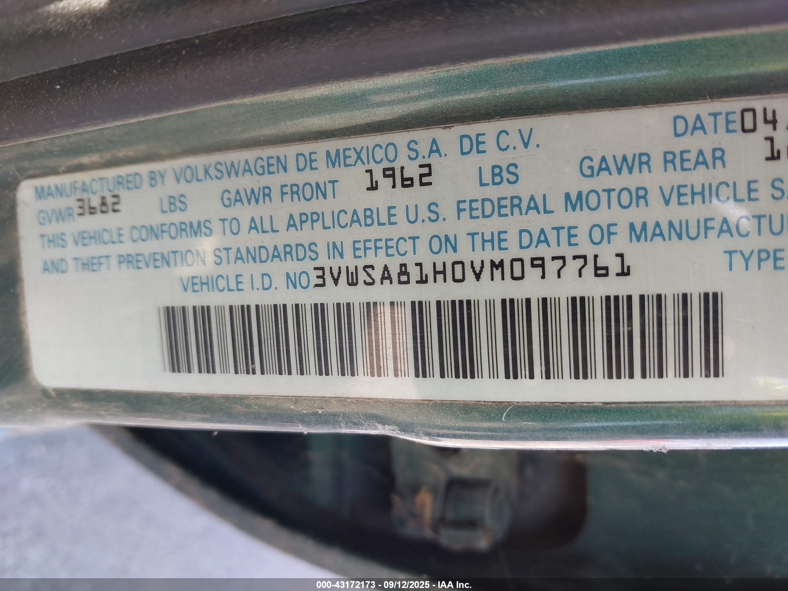 1997 Volkswagen Jetta Gls Green vin: 3VWSA81H0VM097761