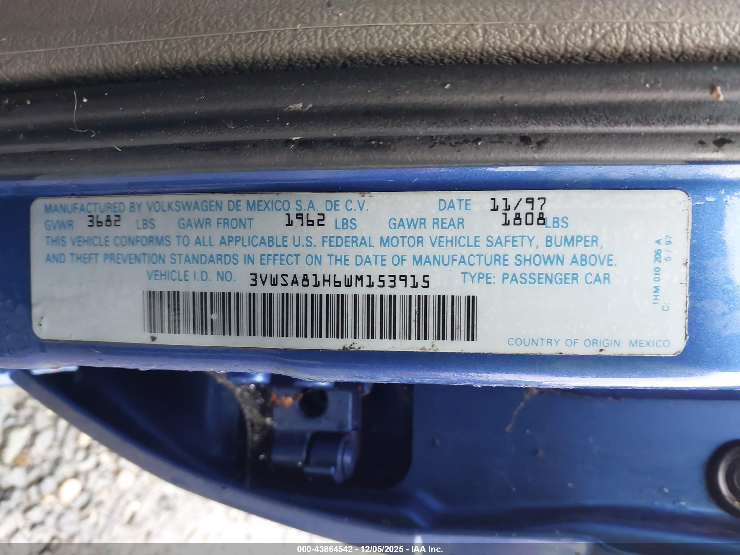 1998 Volkswagen Jetta Gls Синий vin: 3VWSA81H6WM153915