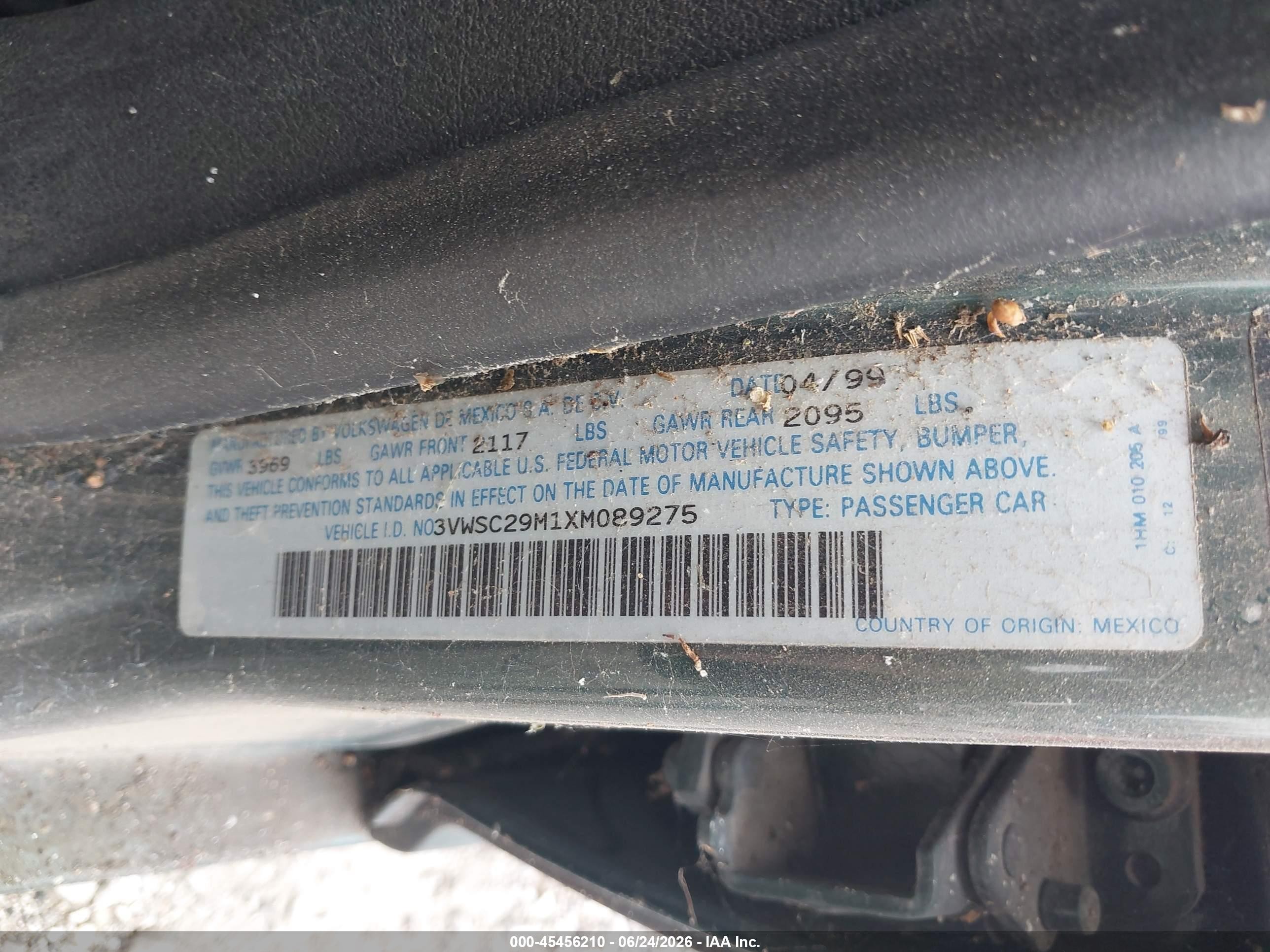 1999 Volkswagen New Jetta Gls Green vin: 3VWSC29M1XM089275