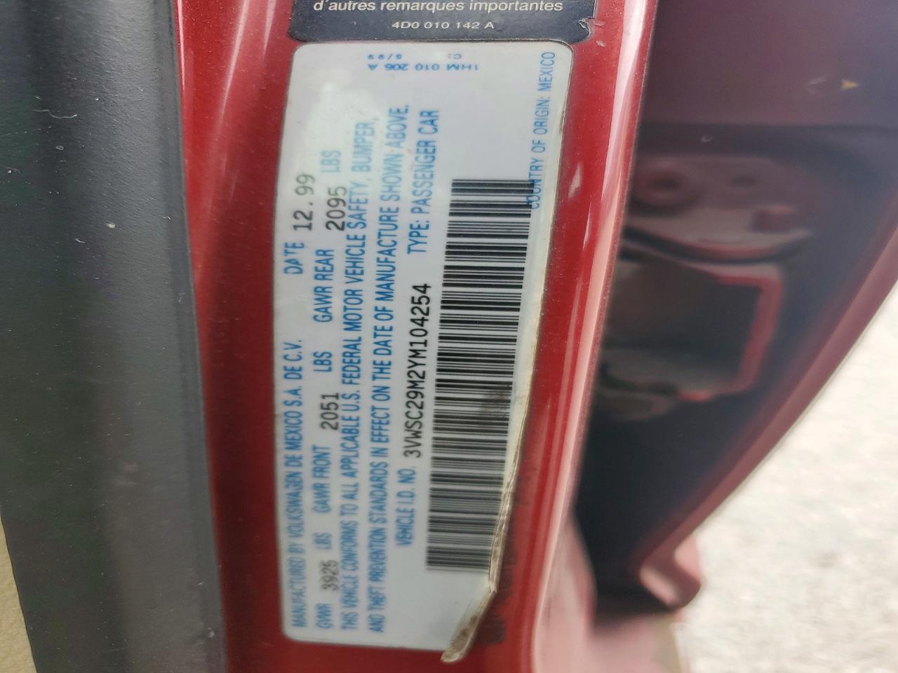 2000 Volkswagen Jetta Gls Red vin: 3VWSC29M2YM104254