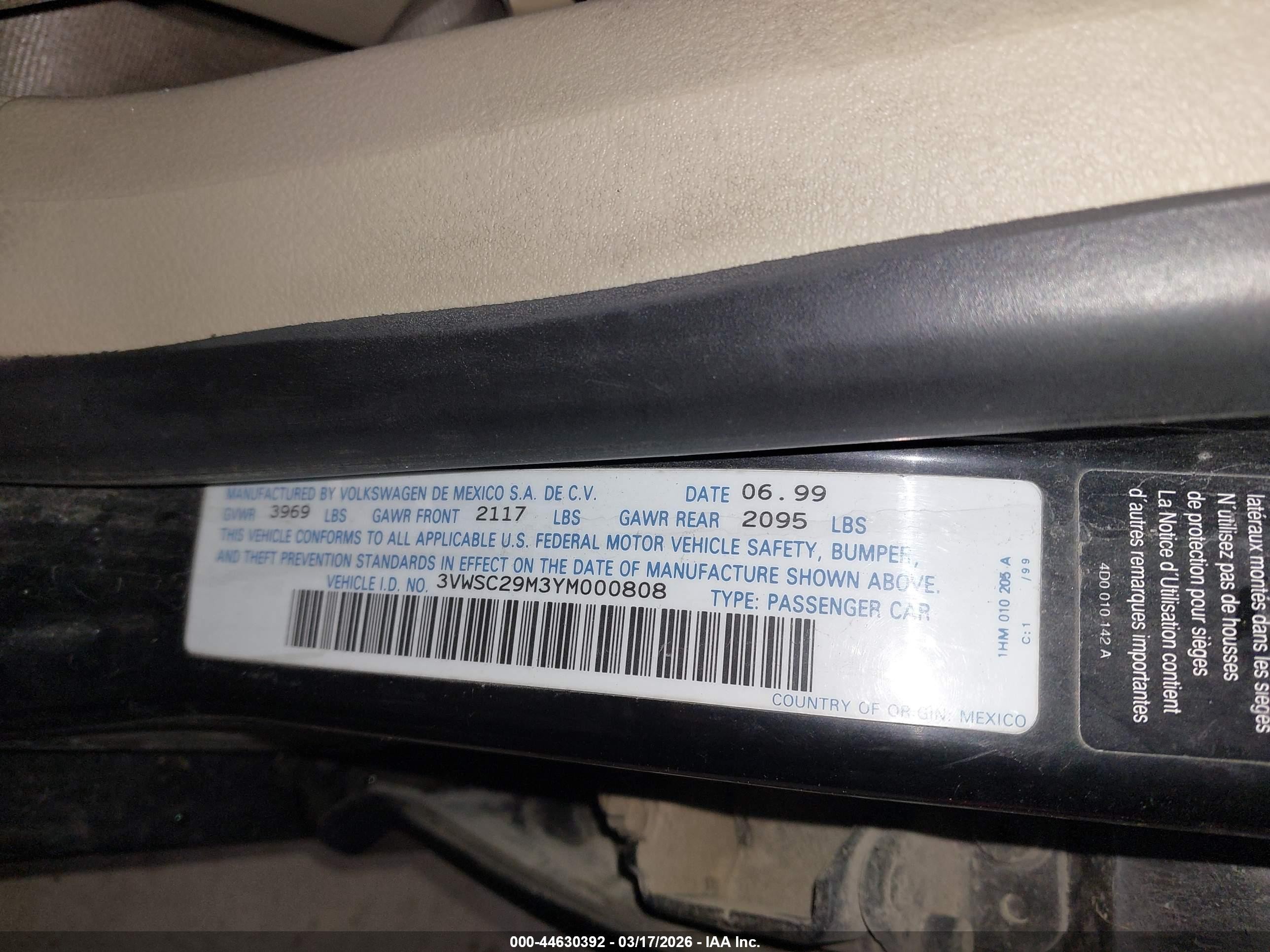 2000 Volkswagen Jetta Gls Black vin: 3VWSC29M3YM000808
