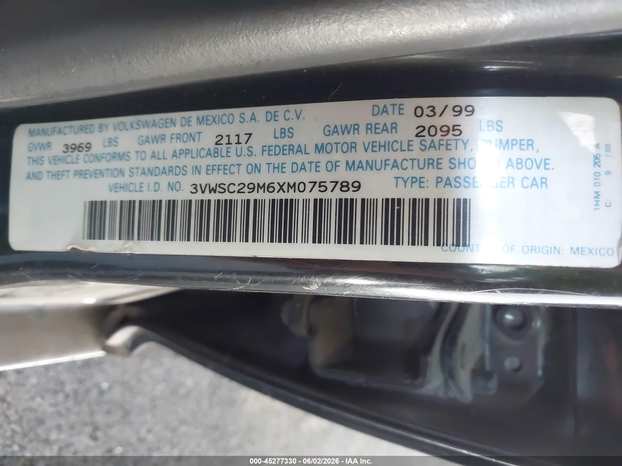 1999 Volkswagen Jetta Gls Black vin: 3VWSC29M6XM075789