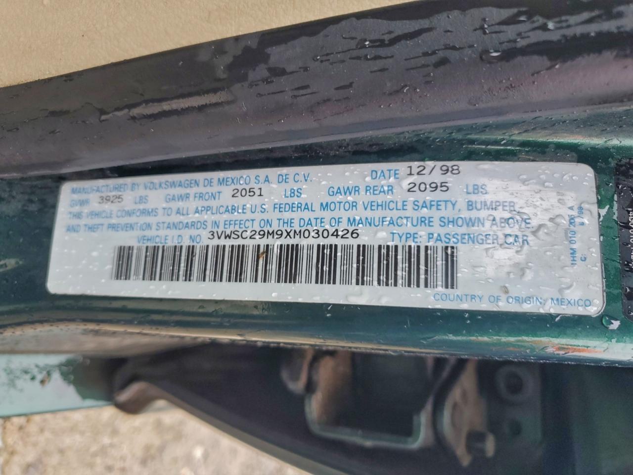 1999 Volkswagen Jetta Gls Green vin: 3VWSC29M9XM030426