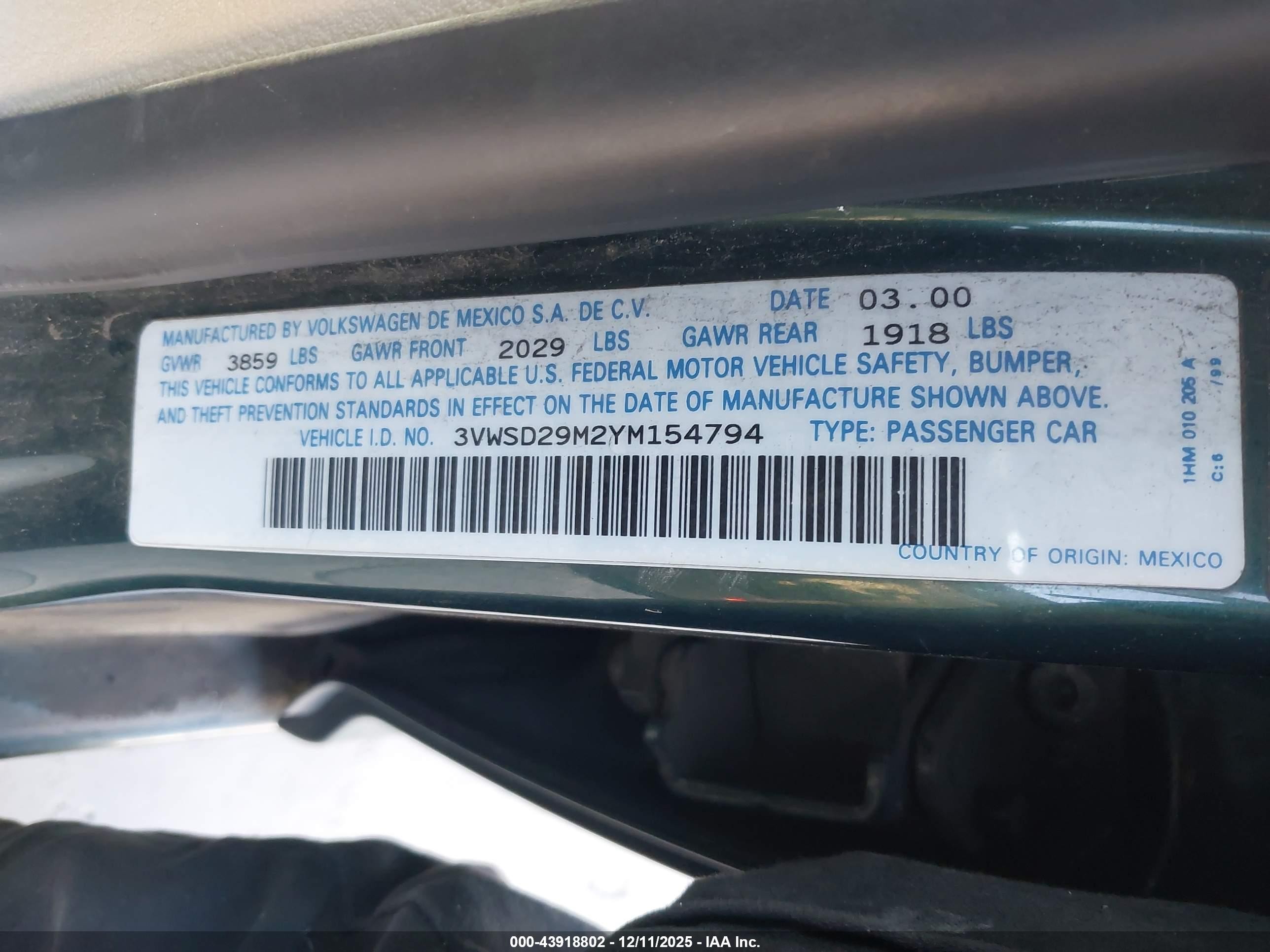 2000 Volkswagen Jetta Gls 1.8l Turbo Зеленый vin: 3VWSD29M2YM154794