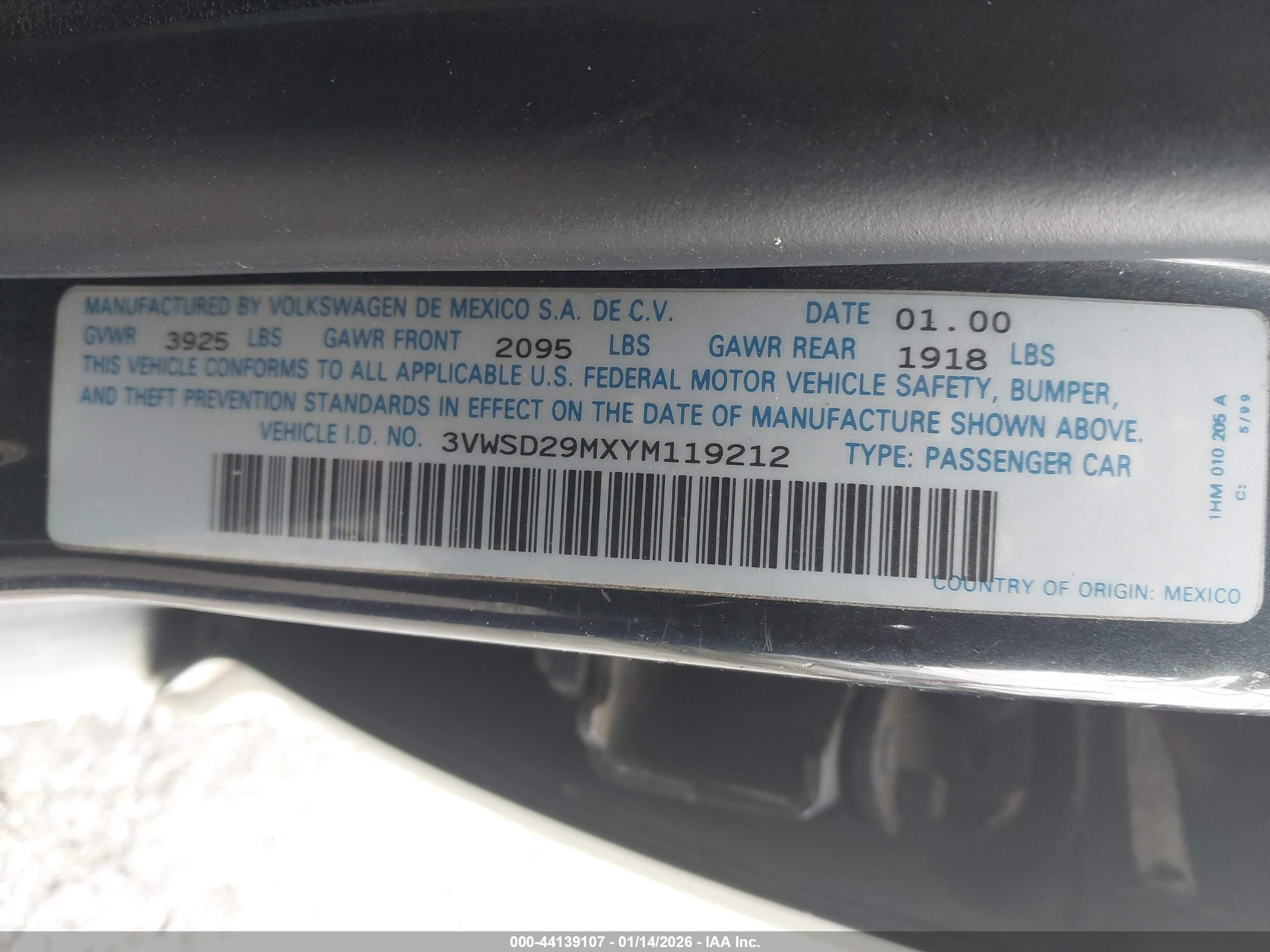 2000 Volkswagen Jetta Gls 1.8l Turbo White vin: 3VWSD29MXYM119212