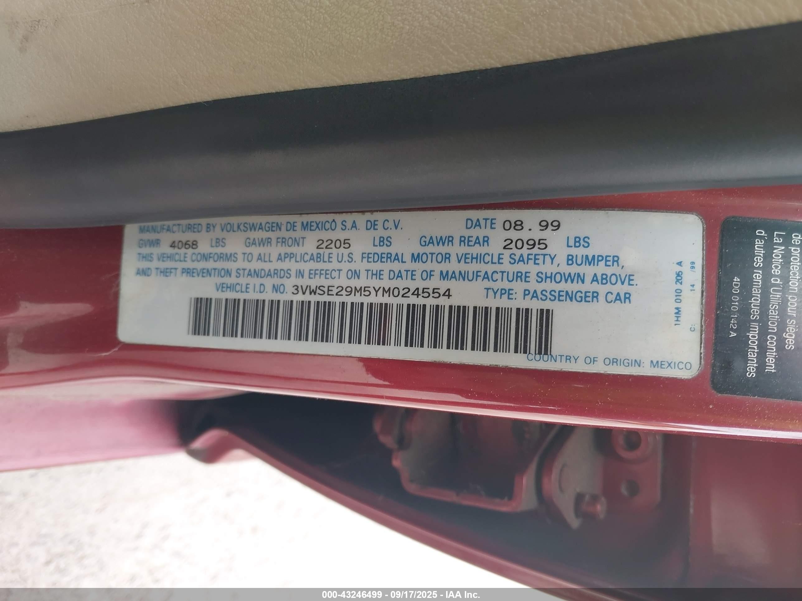 2000 Volkswagen Jetta Gls Vr6 Красный vin: 3VWSE29M5YM024554