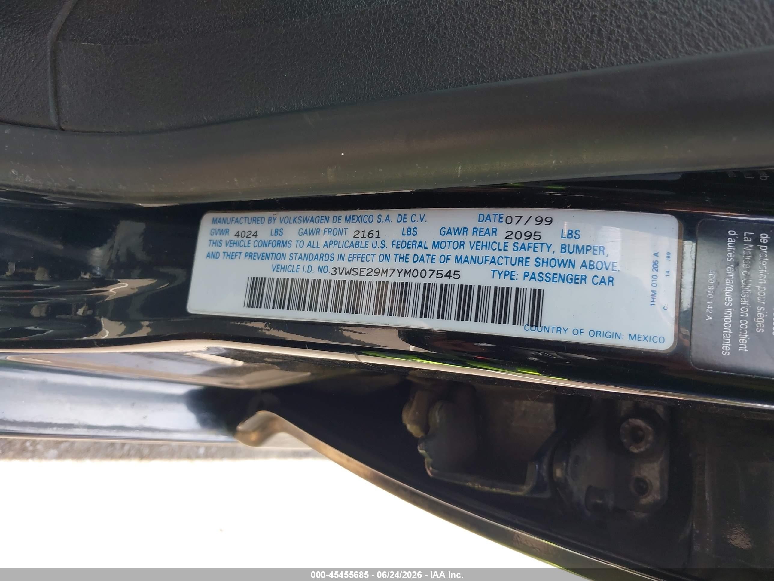 2000 Volkswagen Jetta Gls Vr6 Black vin: 3VWSE29M7YM007545