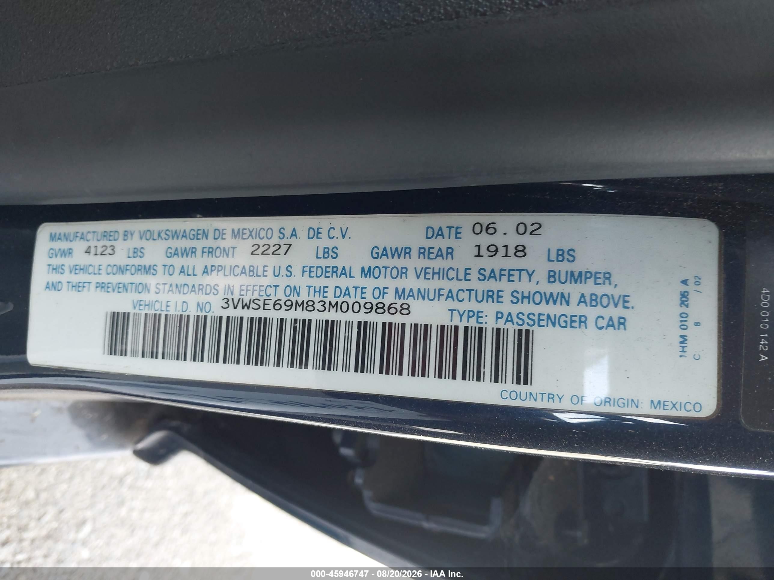 2003 Volkswagen Jetta Gls 1.8t Dark Blue vin: 3VWSE69M83M009868