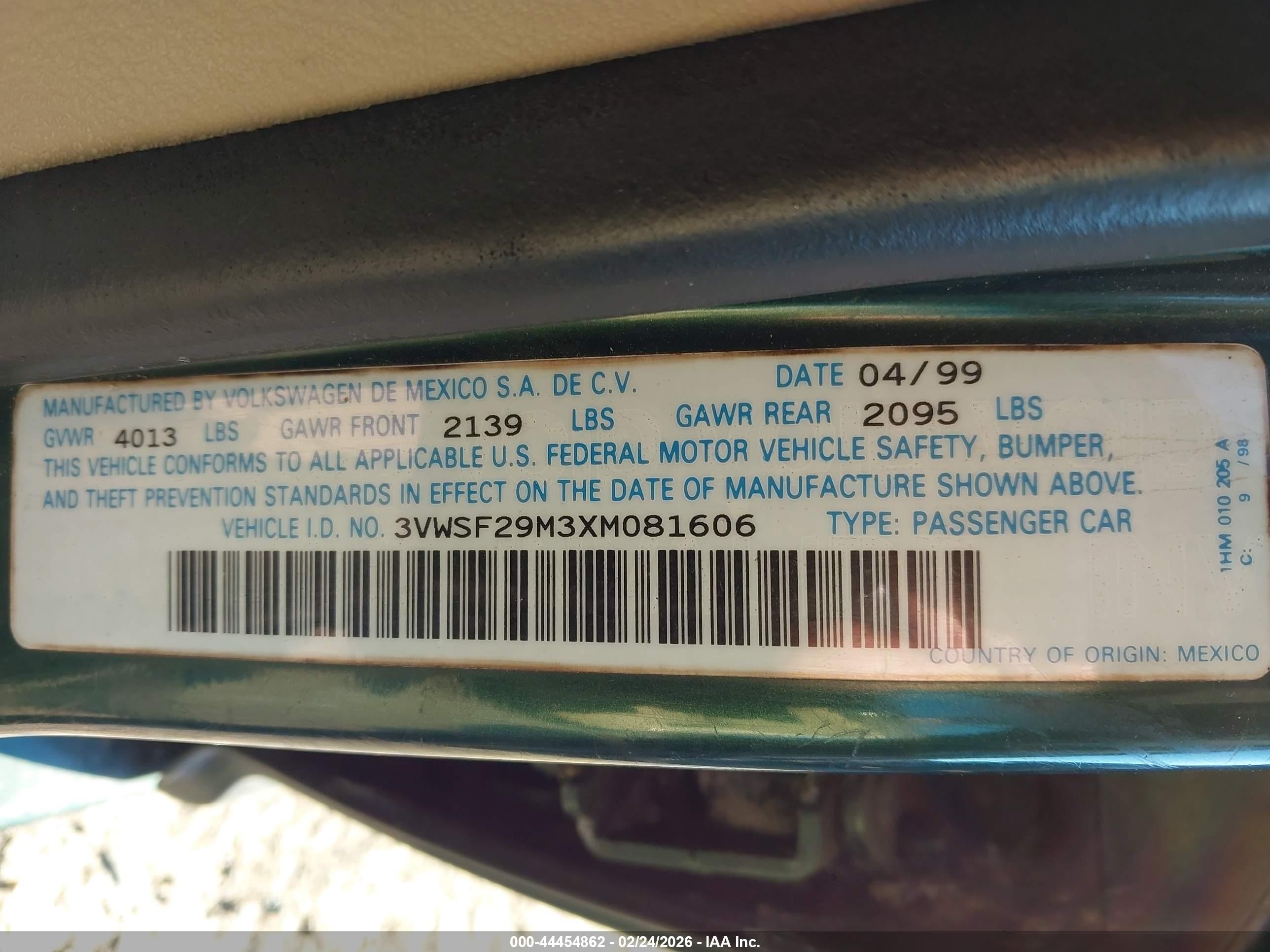 1999 Volkswagen Jetta Gls Tdi Green vin: 3VWSF29M3XM081606