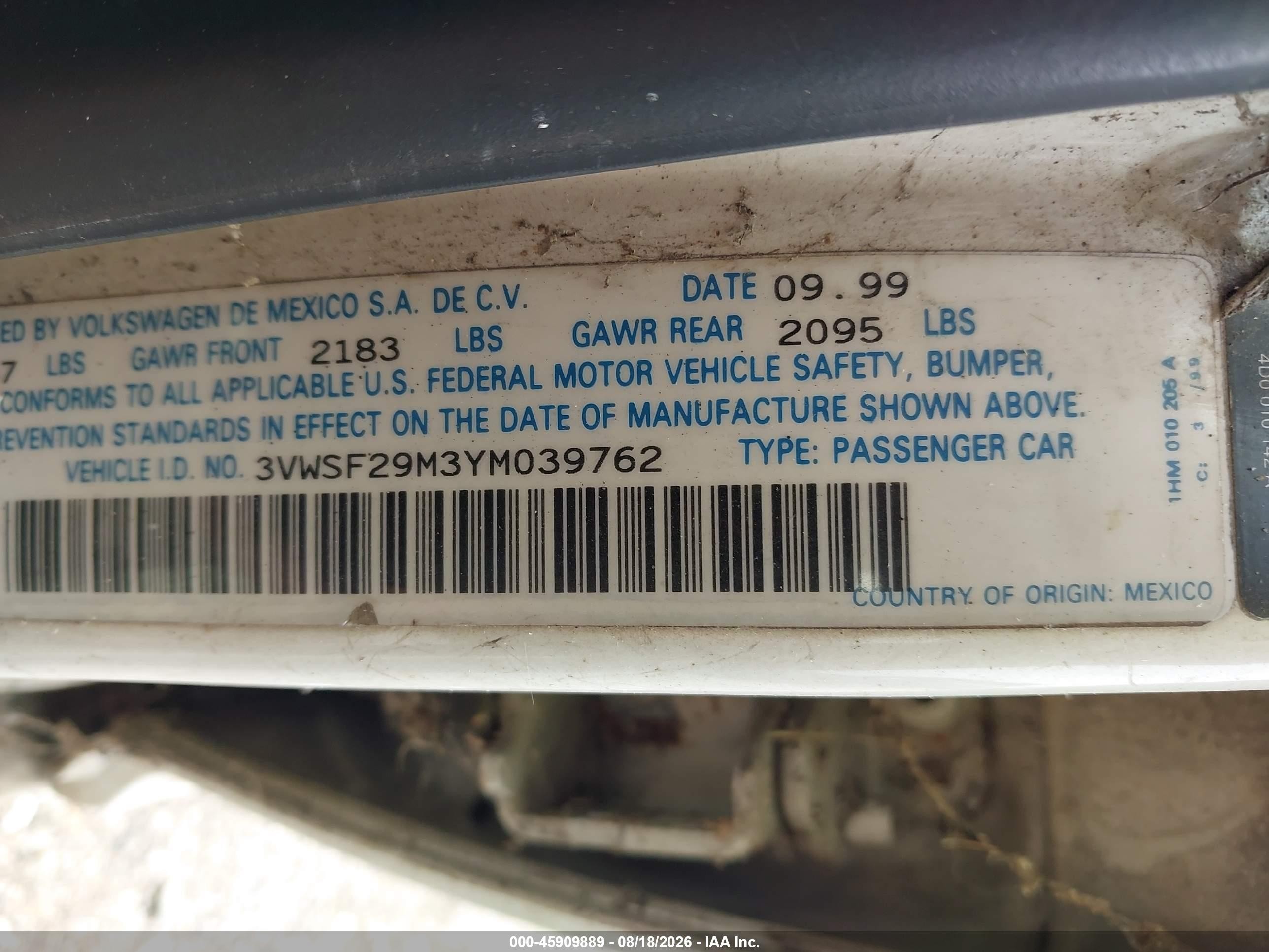 2000 Volkswagen Jetta Gls Tdi White vin: 3VWSF29M3YM039762