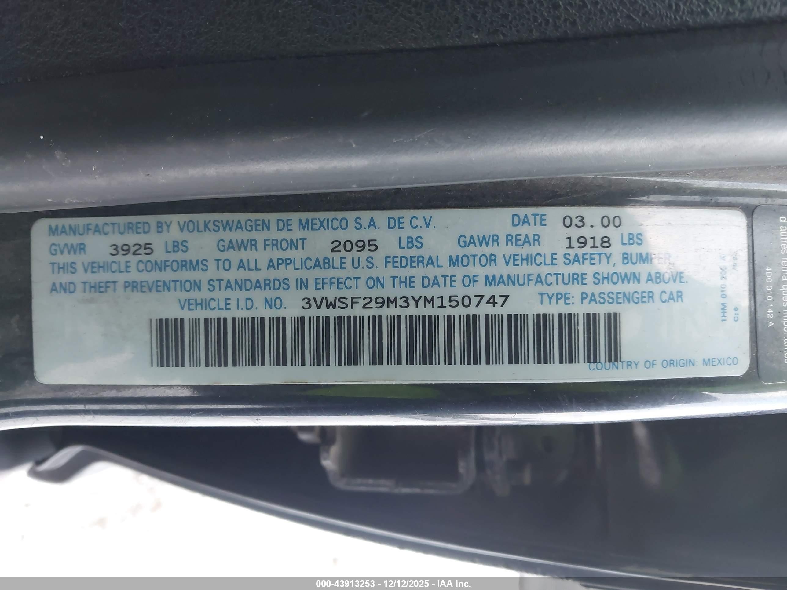 2000 Volkswagen Jetta Gls Tdi Black vin: 3VWSF29M3YM150747