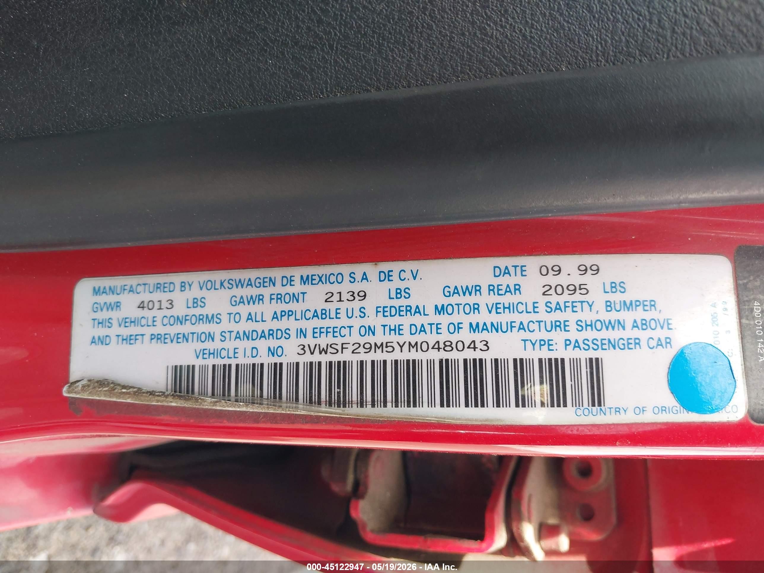 2000 Volkswagen Jetta Gls Tdi Red vin: 3VWSF29M5YM048043