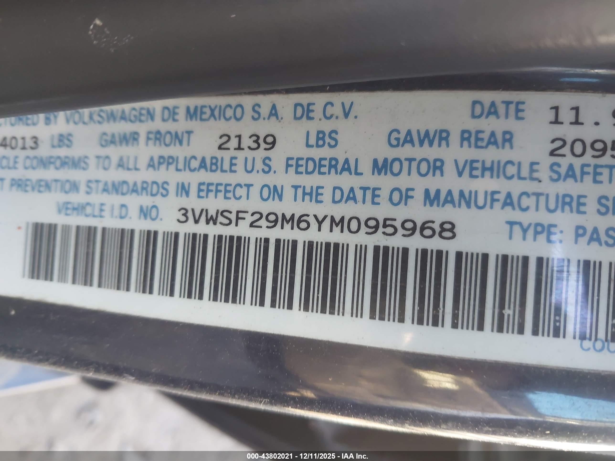 2000 Volkswagen Jetta Gls Tdi Blue vin: 3VWSF29M6YM095968
