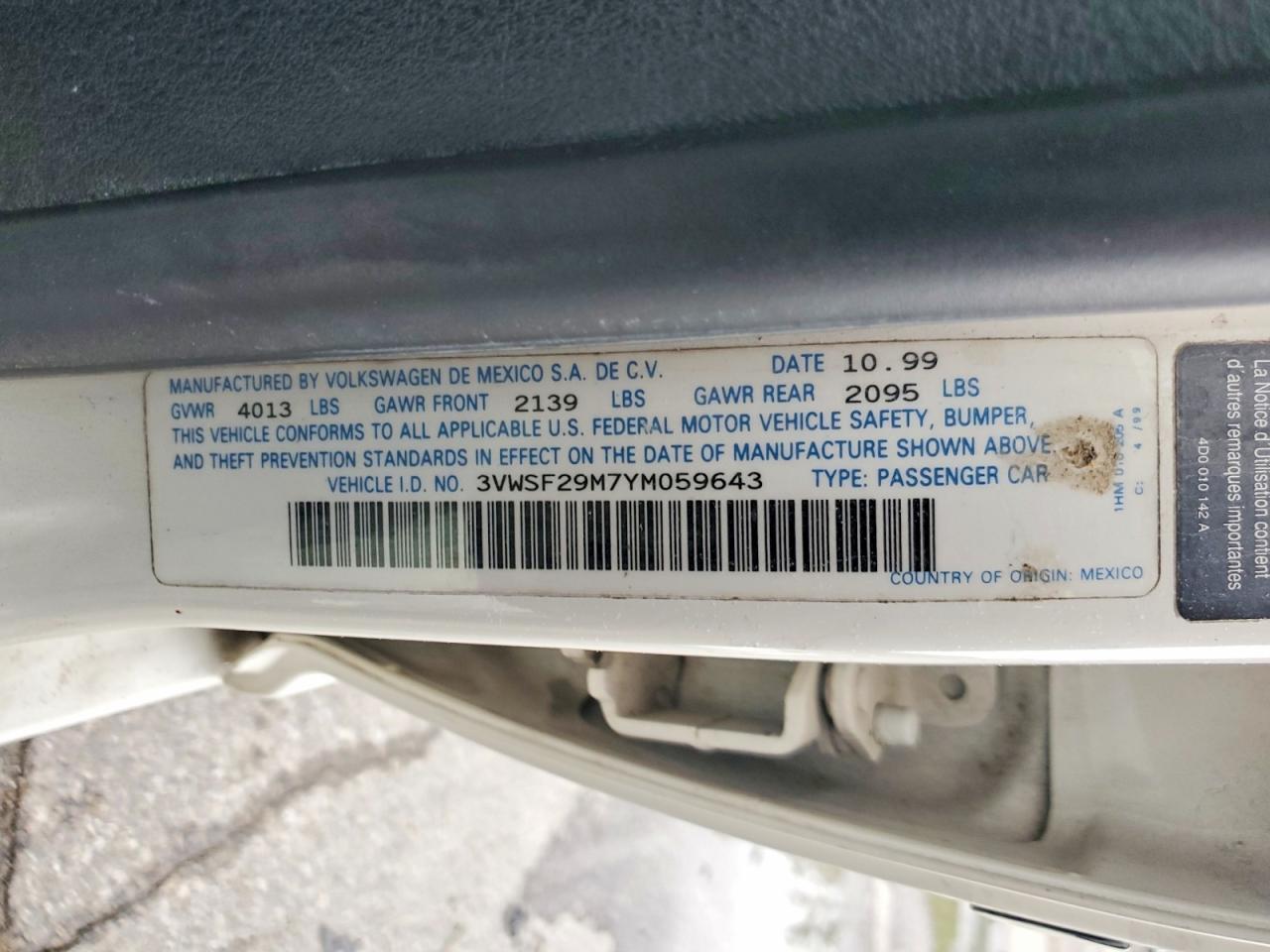 2000 Volkswagen Jetta Gls Tdi White vin: 3VWSF29M7YM059643