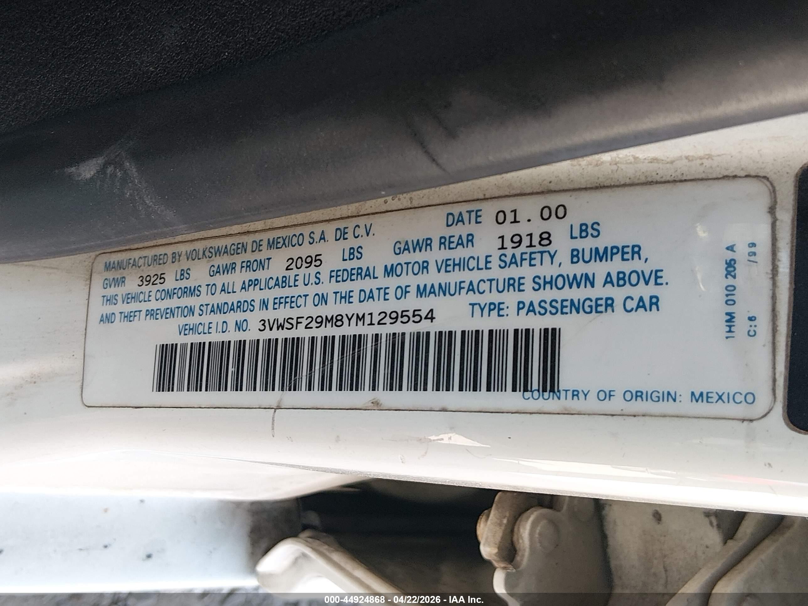2000 Volkswagen Jetta Gls Tdi White vin: 3VWSF29M8YM129554