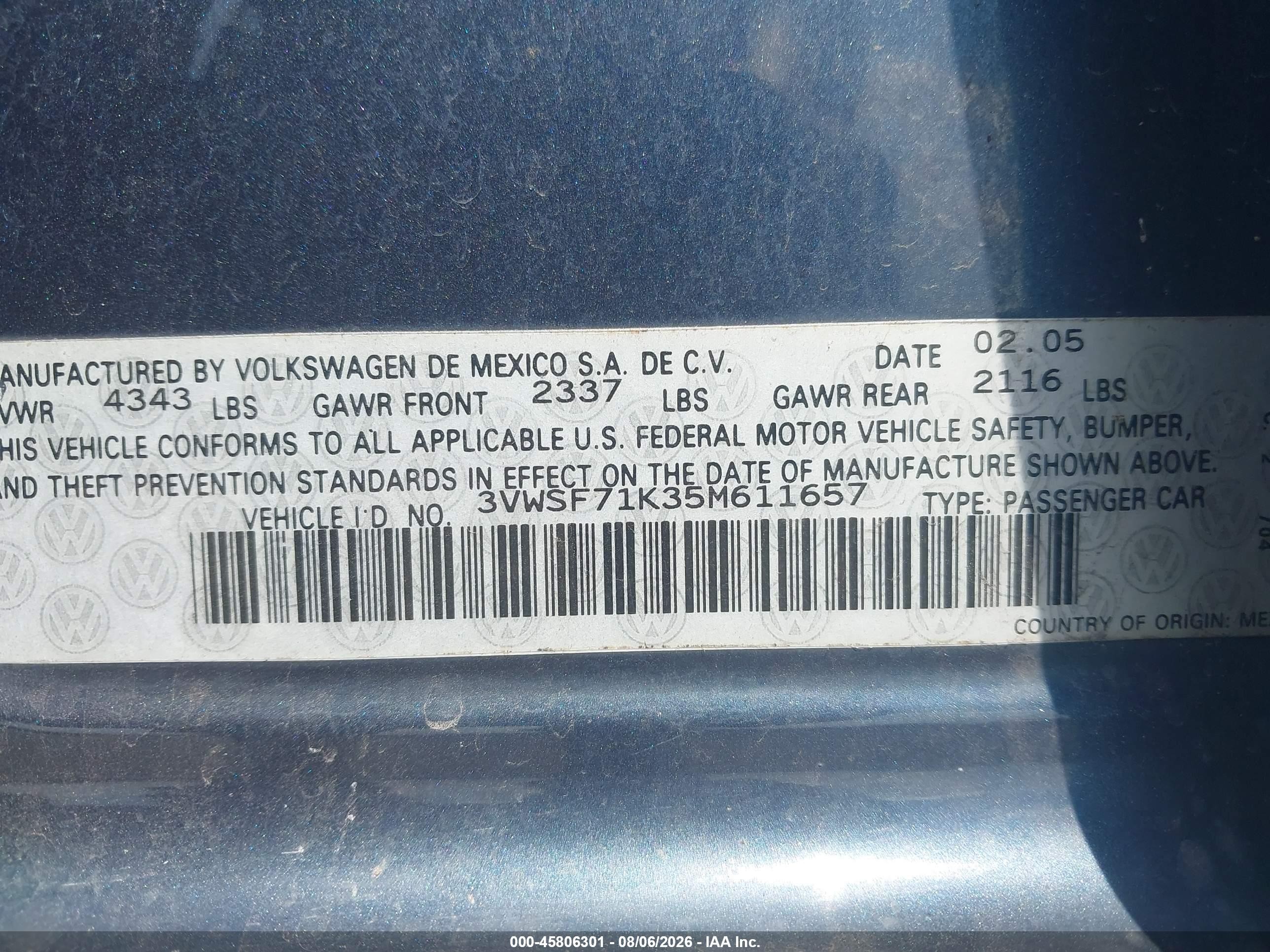2005 Volkswagen Jetta 2.5 Blue vin: 3VWSF71K35M611657