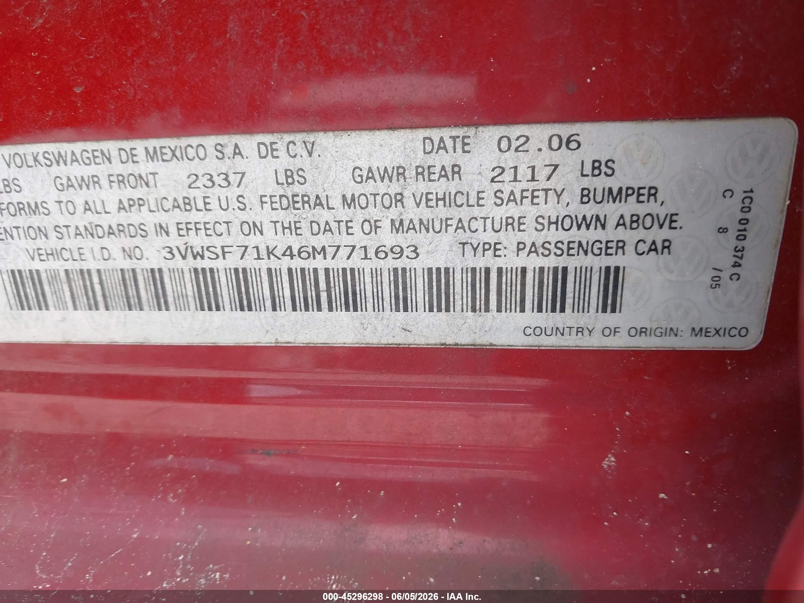 2006 Volkswagen Jetta 2.5 Red vin: 3VWSF71K46M771693