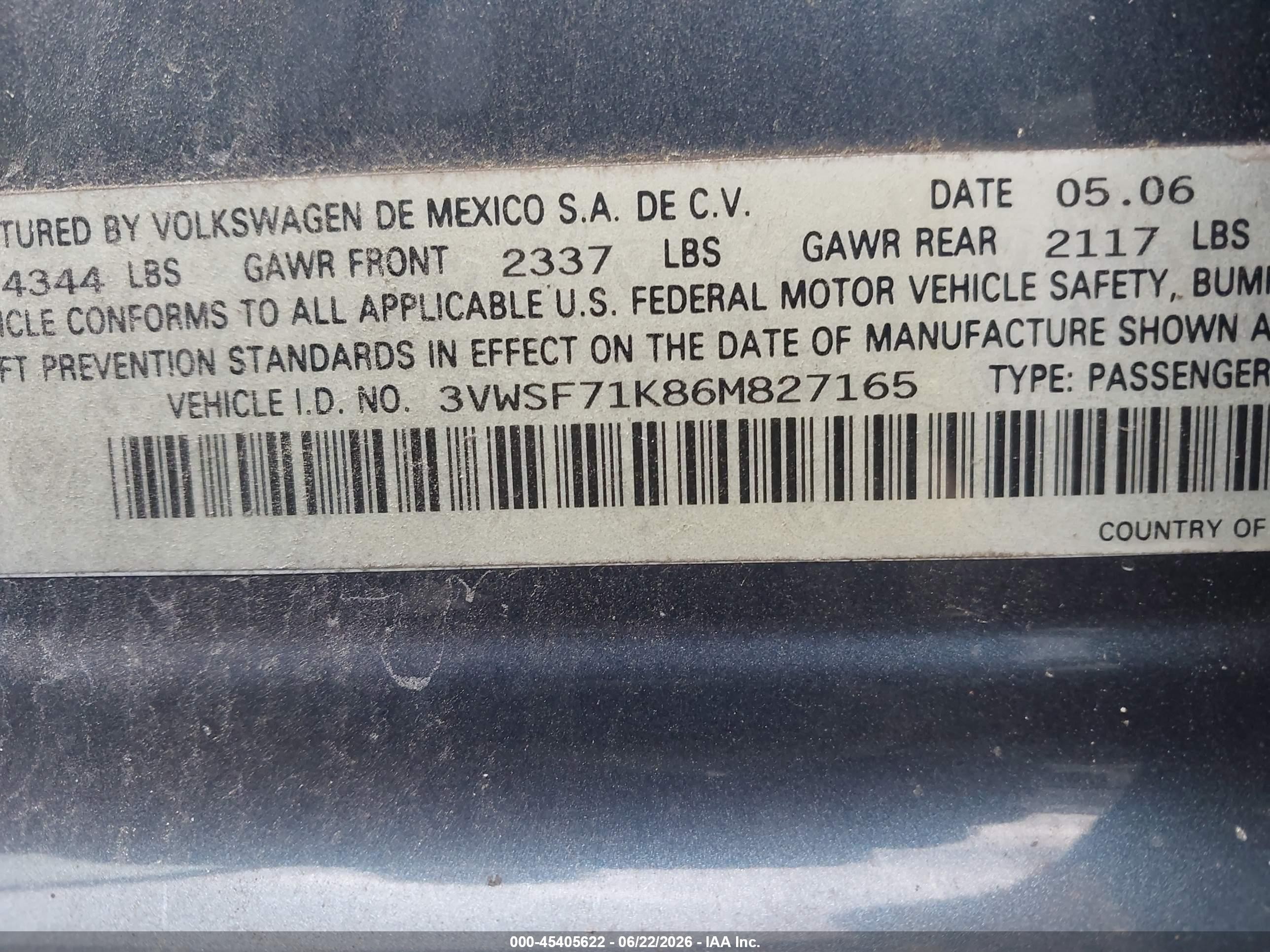 2006 Volkswagen Jetta 2.5 Blue vin: 3VWSF71K86M827165