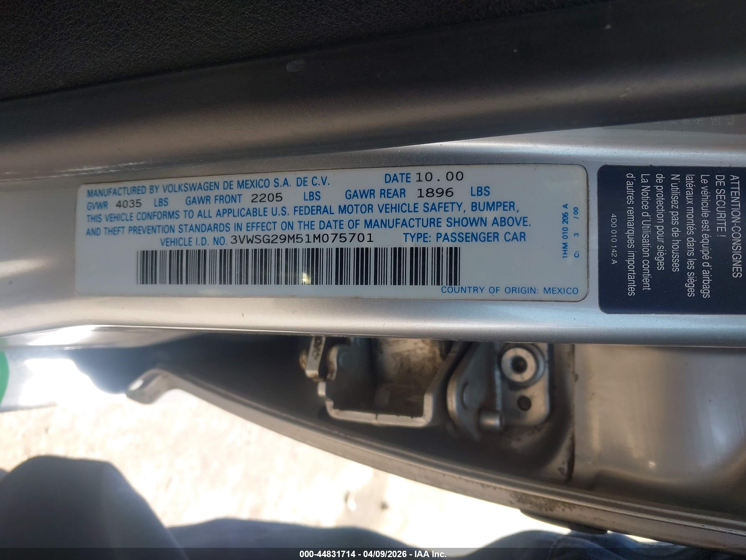 2001 Volkswagen Jetta Gls Vr6 Silver vin: 3VWSG29M51M075701
