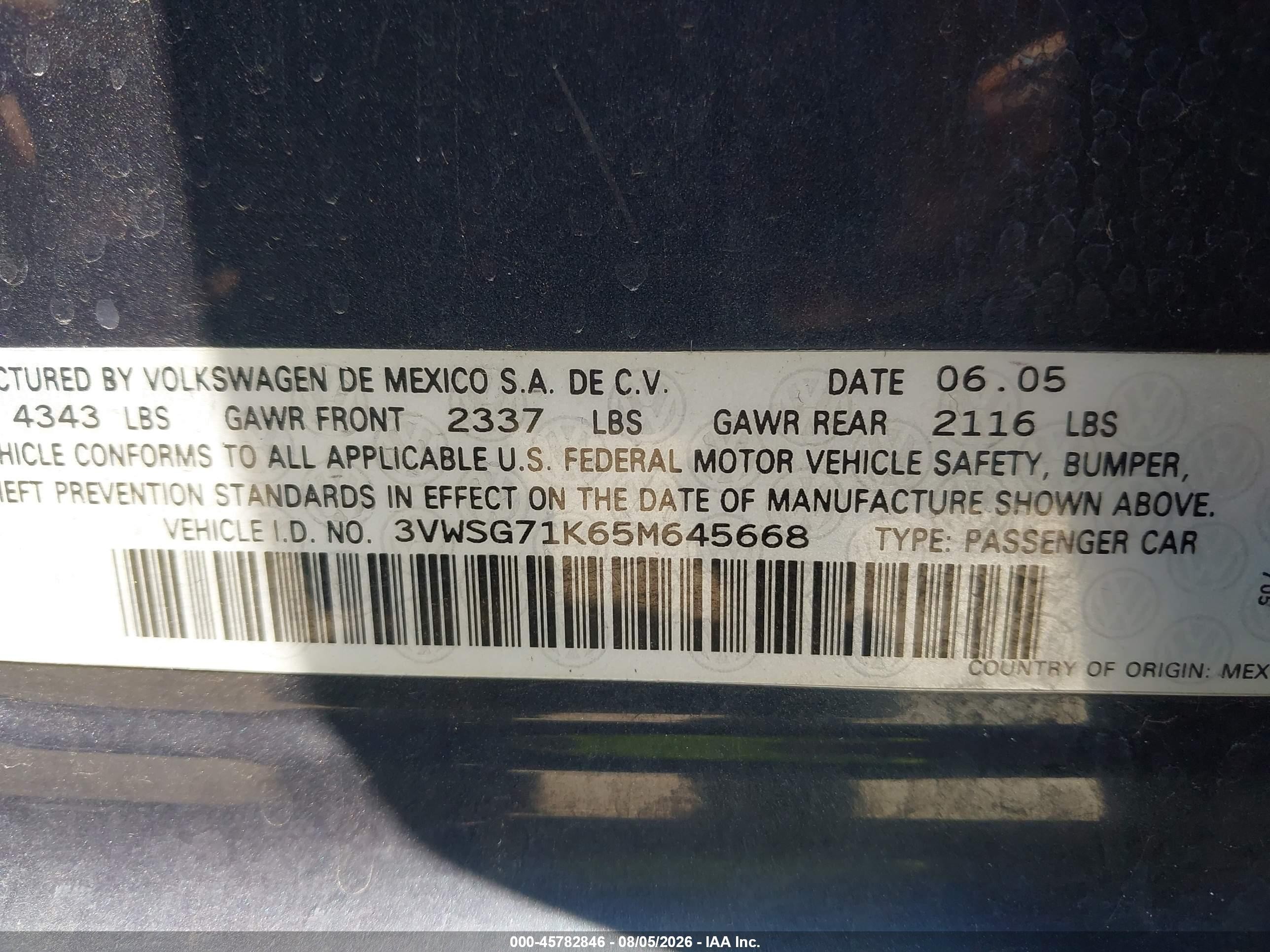 2005 Volkswagen Jetta 2.5 Blue vin: 3VWSG71K65M645668