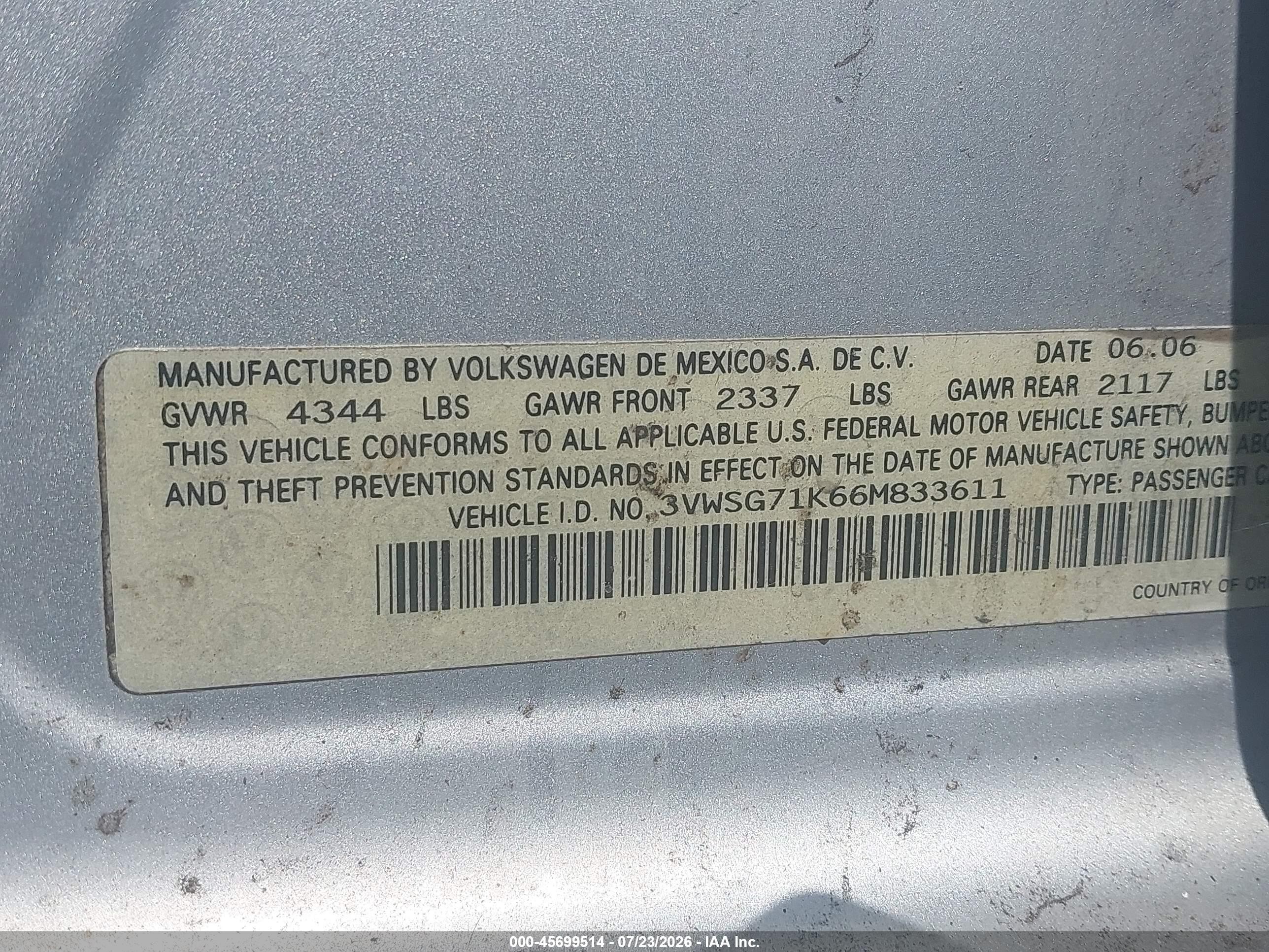 2006 Volkswagen Jetta 2.5 Silver vin: 3VWSG71K66M833611
