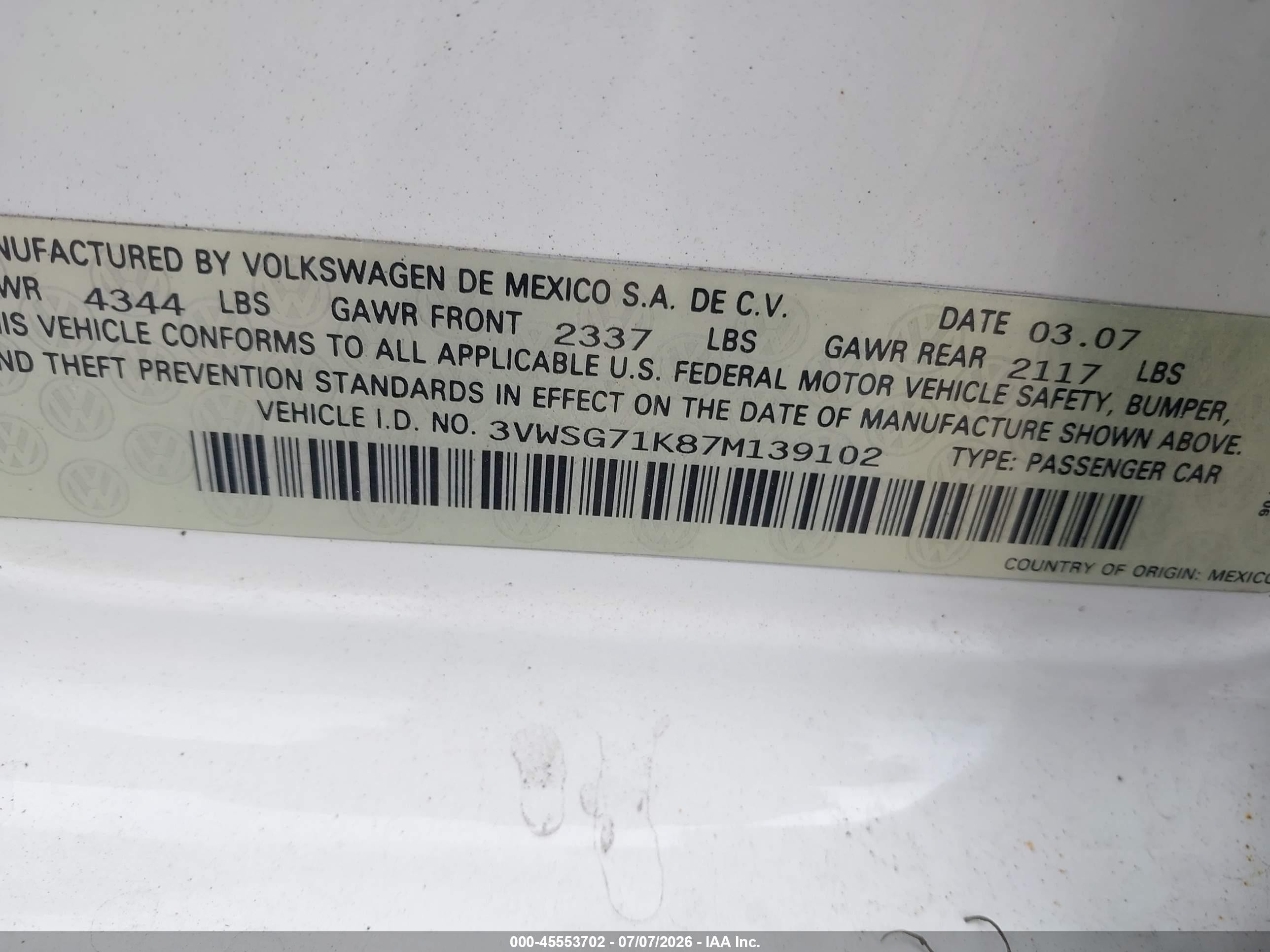 2007 Volkswagen Jetta 2.5 Белый vin: 3VWSG71K87M139102
