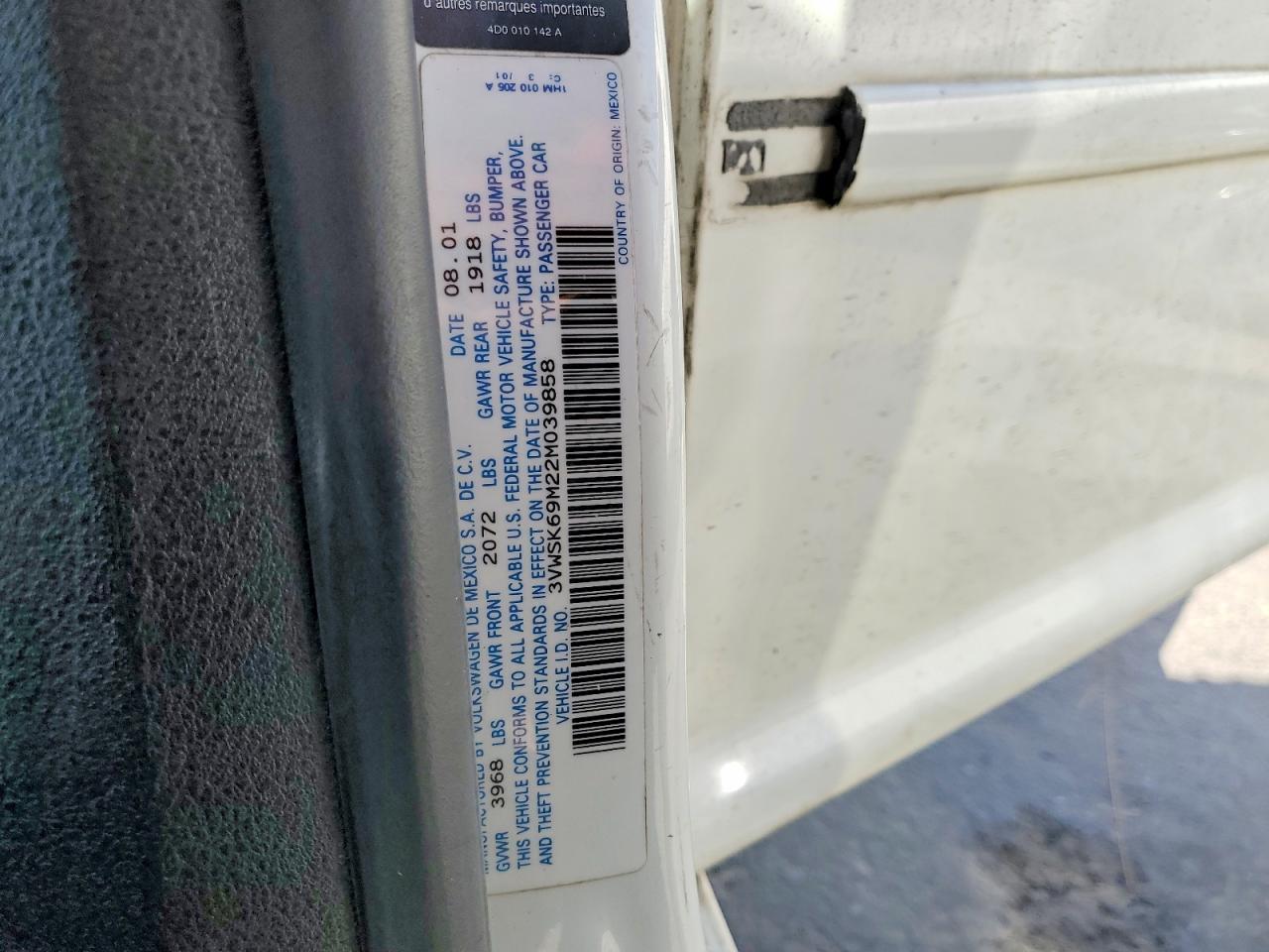 2002 Volkswagen Jetta Gls White vin: 3VWSK69M22M039858