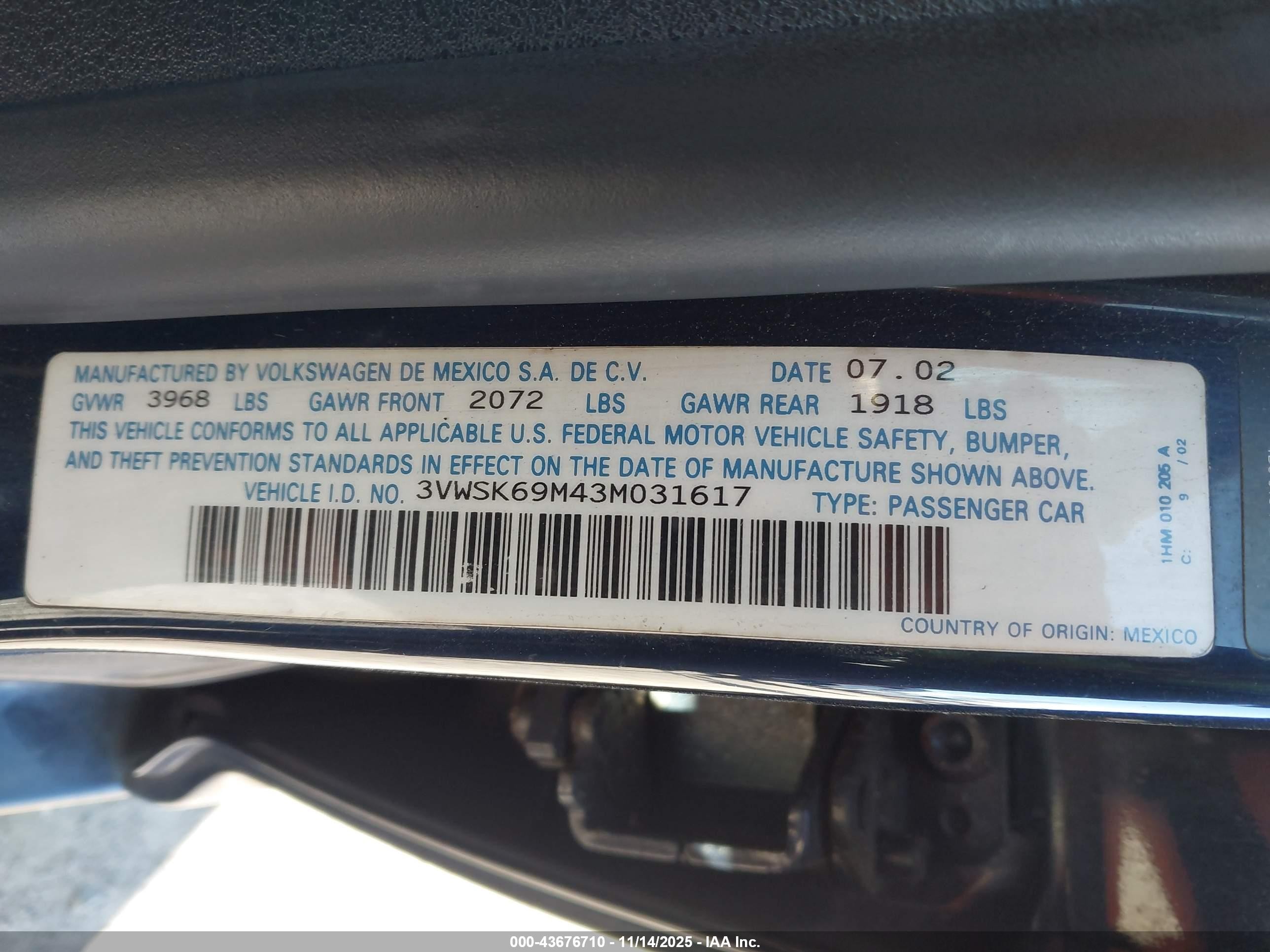 2003 Volkswagen Jetta Gls 2.0l Blue vin: 3VWSK69M43M031617