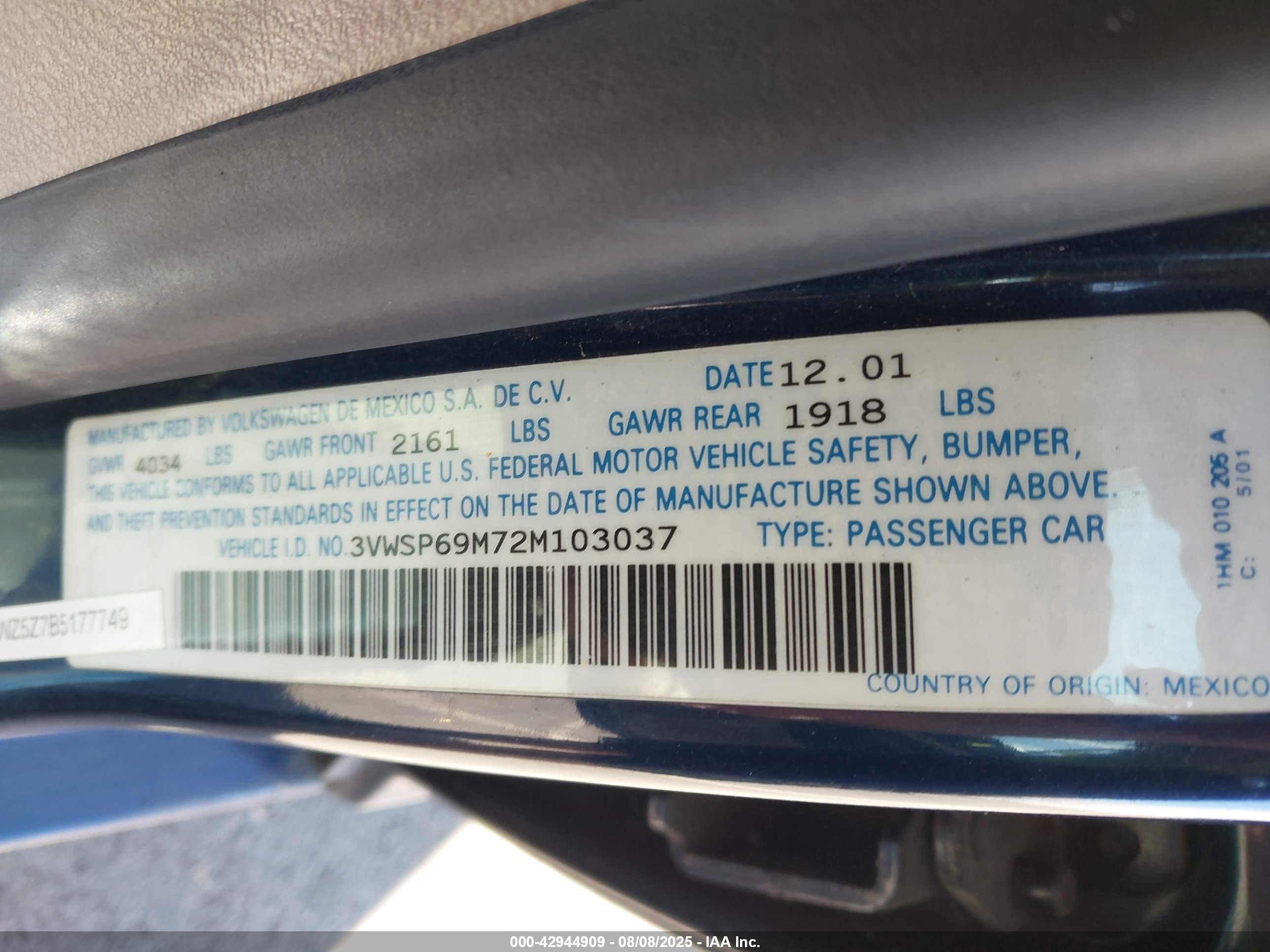 2002 Volkswagen Jetta Gls Tdi Blue vin: 3VWSP69M72M103037